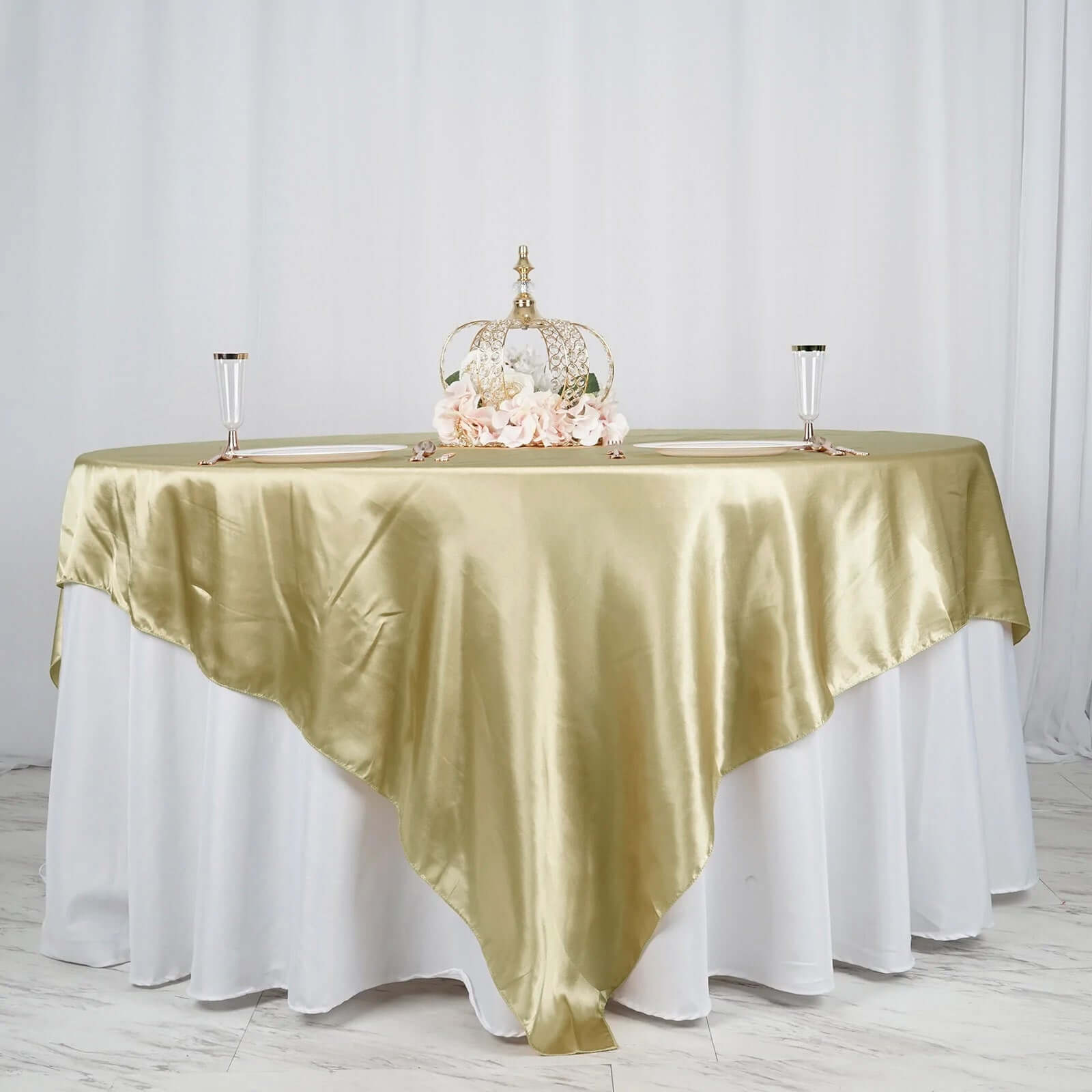 Champagne Satin 90x90 Square Table Overlay with Smooth Finish