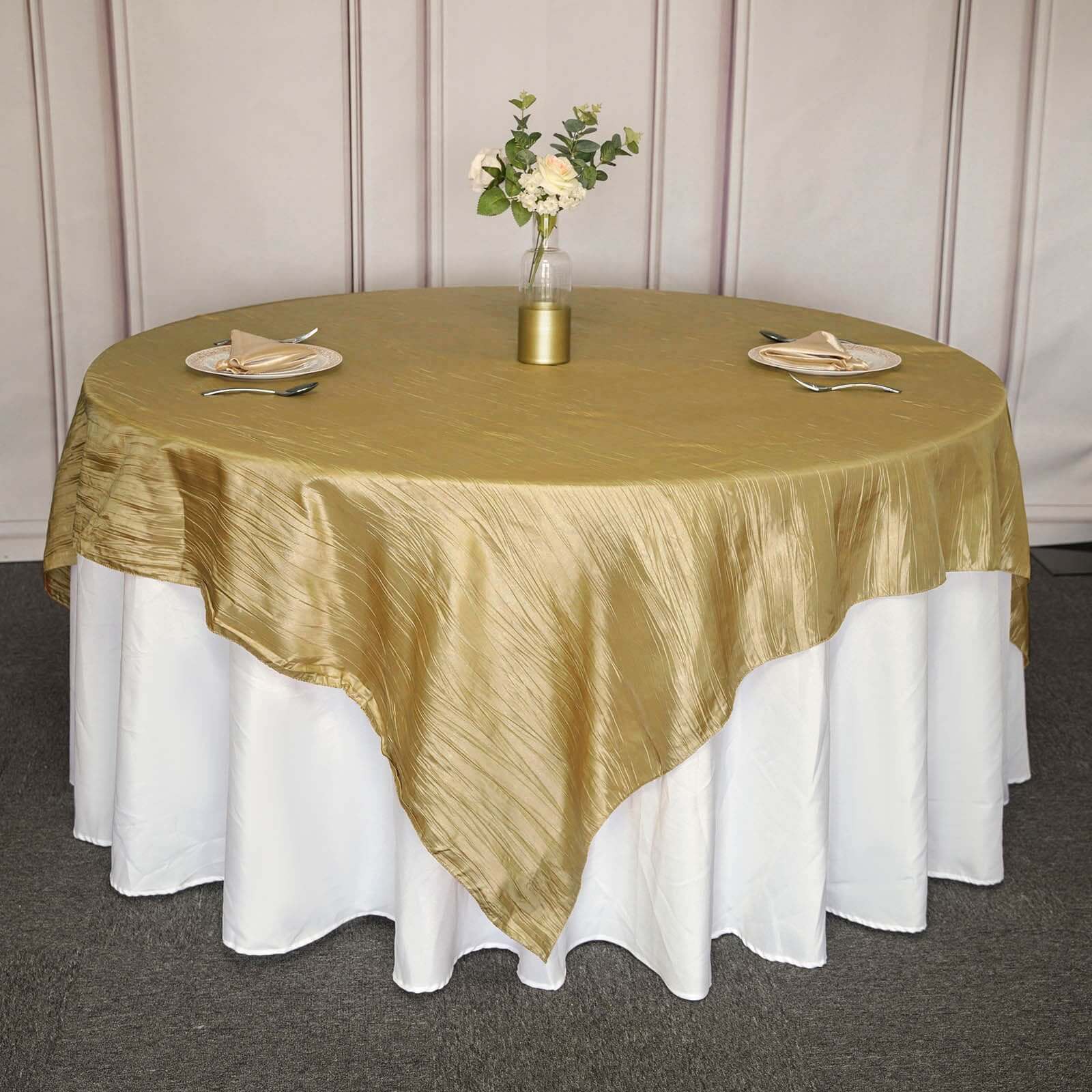 Gold 90x90 Square Taffeta Table Overlay with Accordion Crinkle for Modern Celebrations