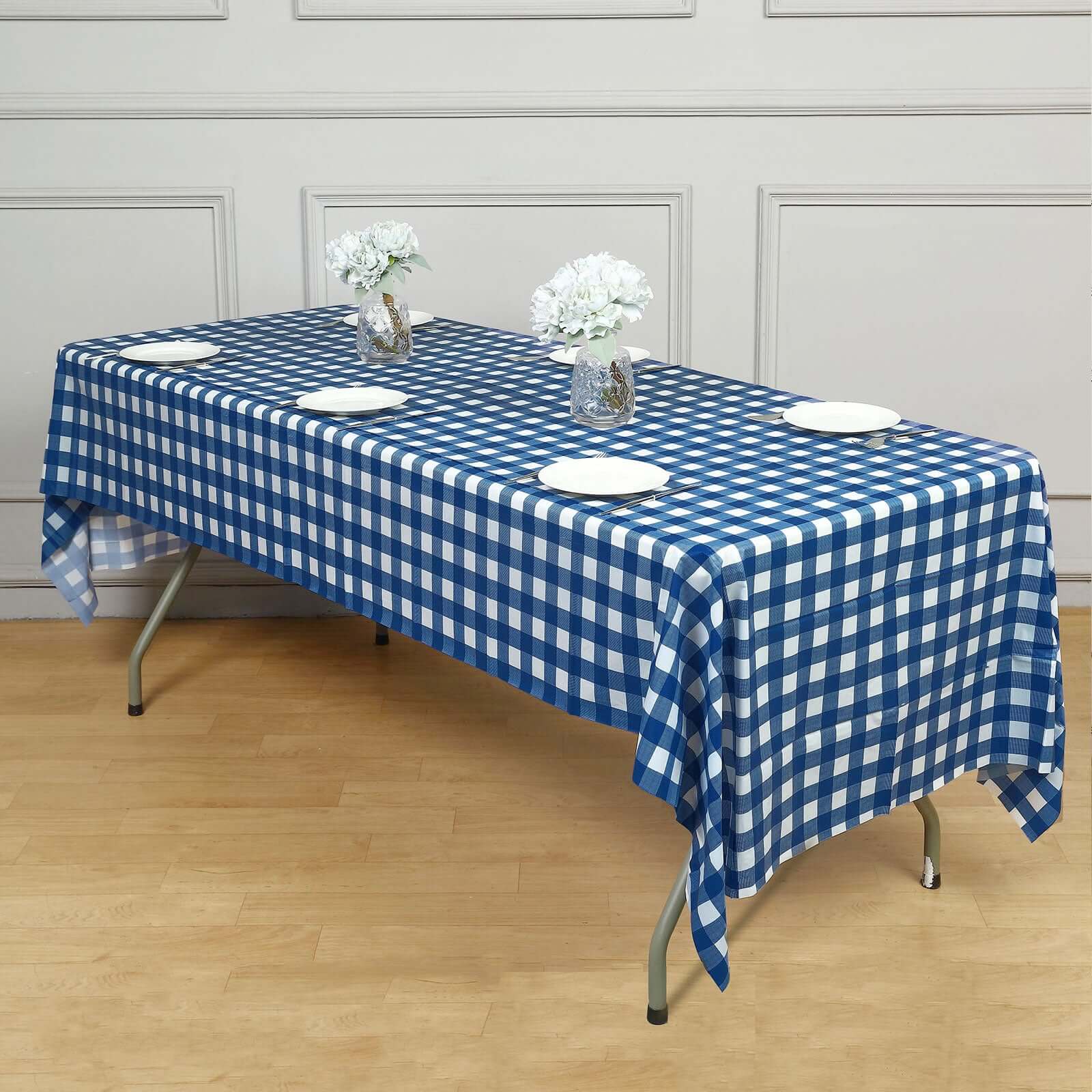 5-Pack Durable PVC Disposable Navy Blue Checkered Rectangle Plastic Table Covers for Events, 54x108