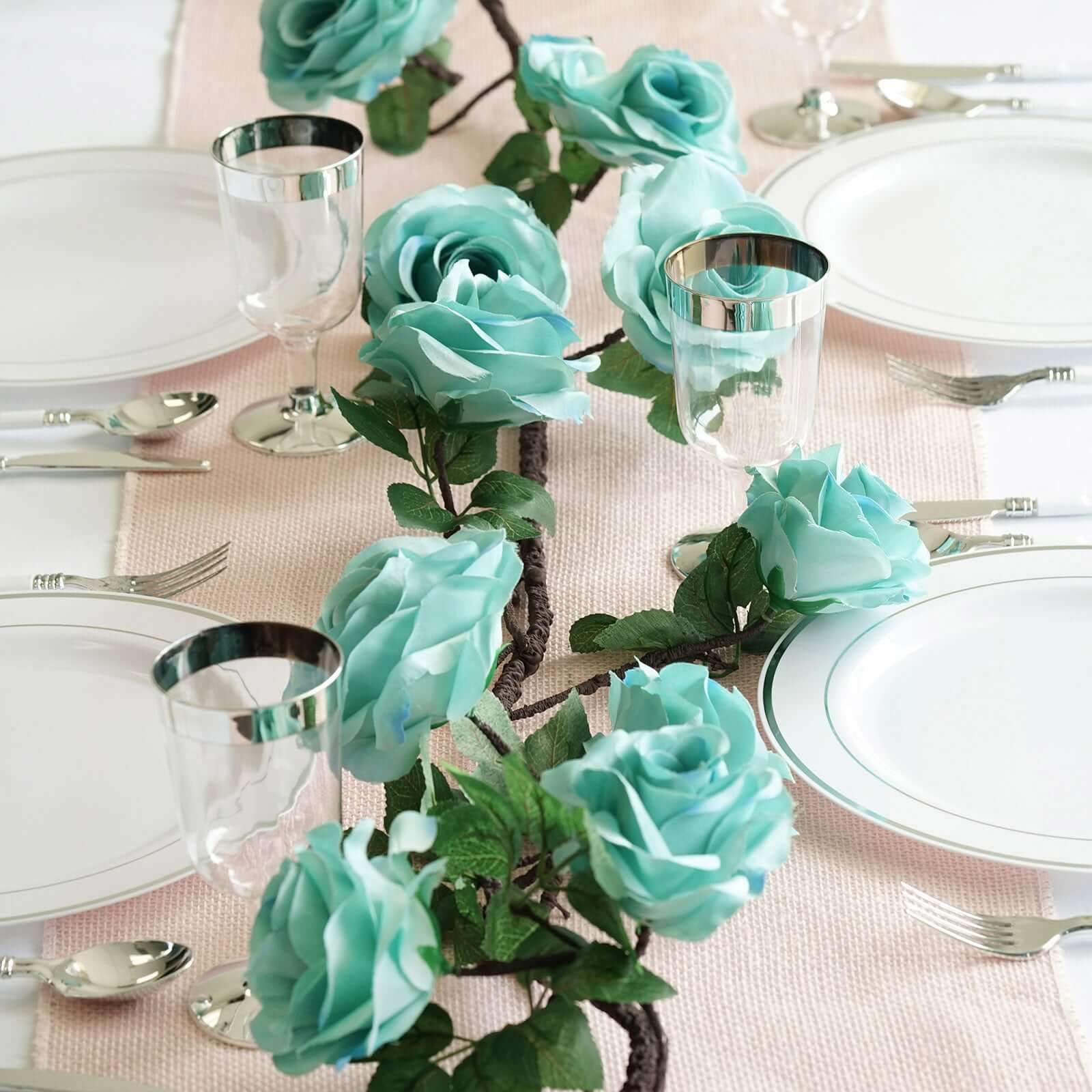 6ft Lifelike Aqua Turquoise Artificial Silk Rose Hanging Garland with 14 Flowers