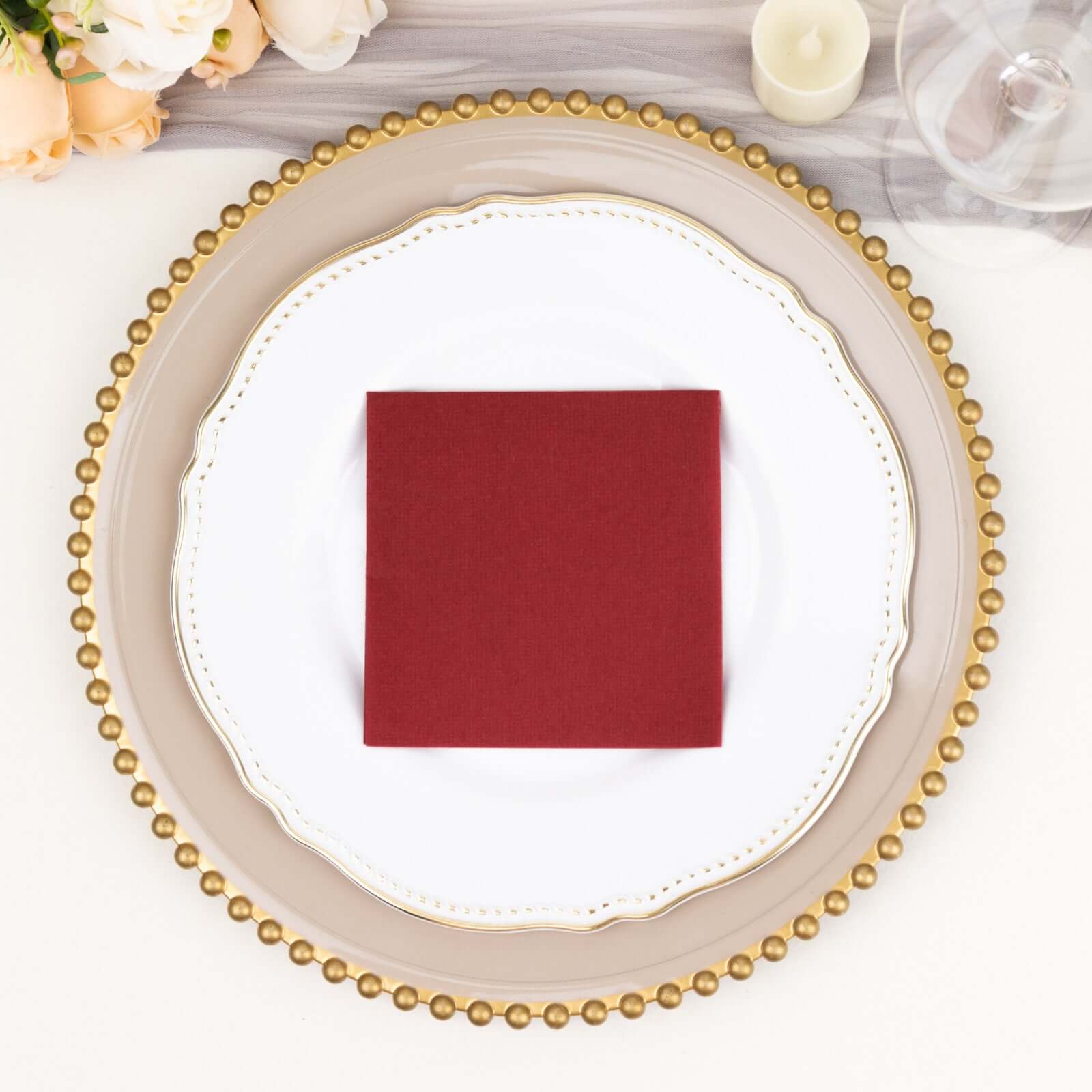20-Pack Highly Absorbent Burgundy 5x5 Linen-Like Airlaid Napkins - Ideal for Events