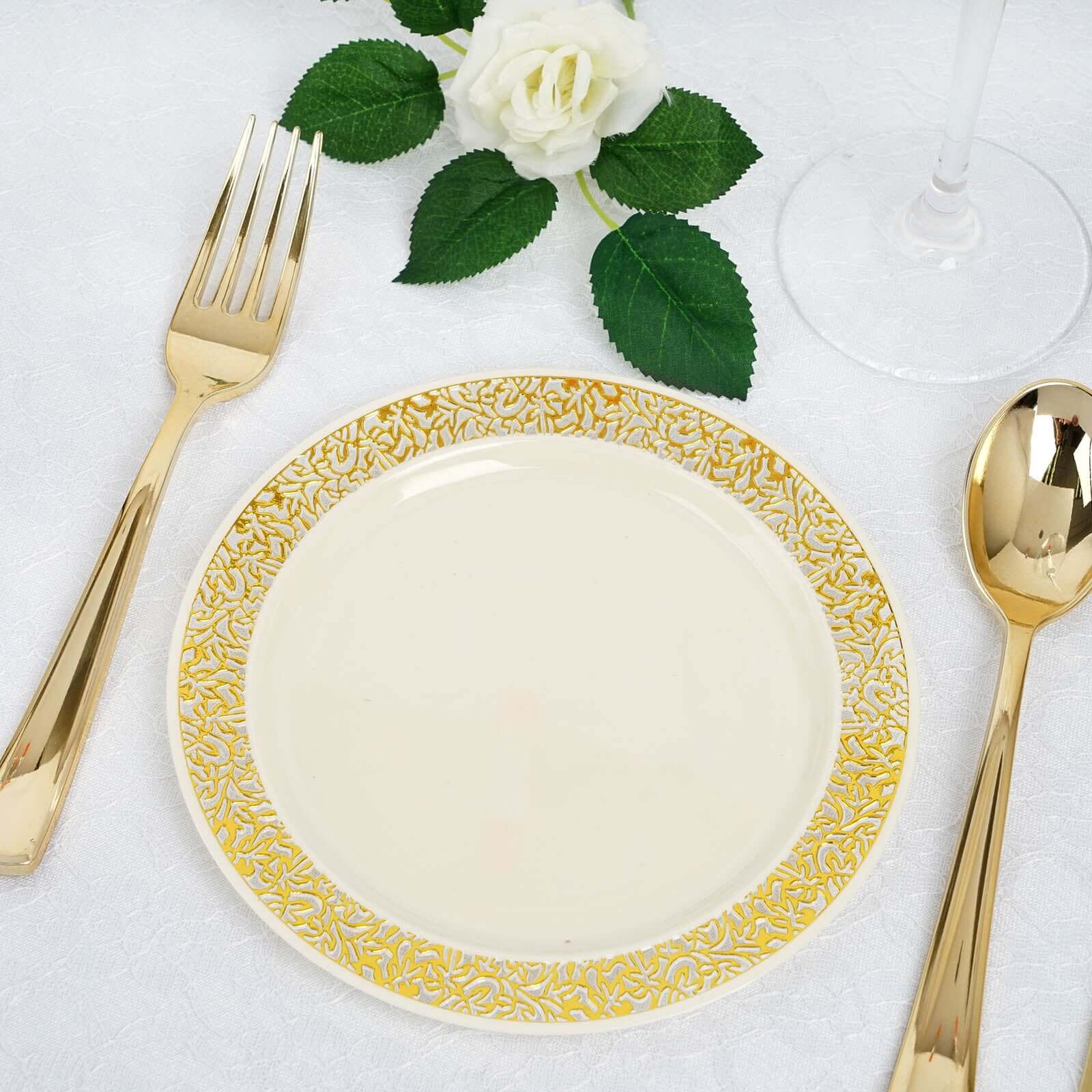 10-Pack Ivory Plastic Disposable Appetizer Plates with Gold Lace Rim, 6 Inches