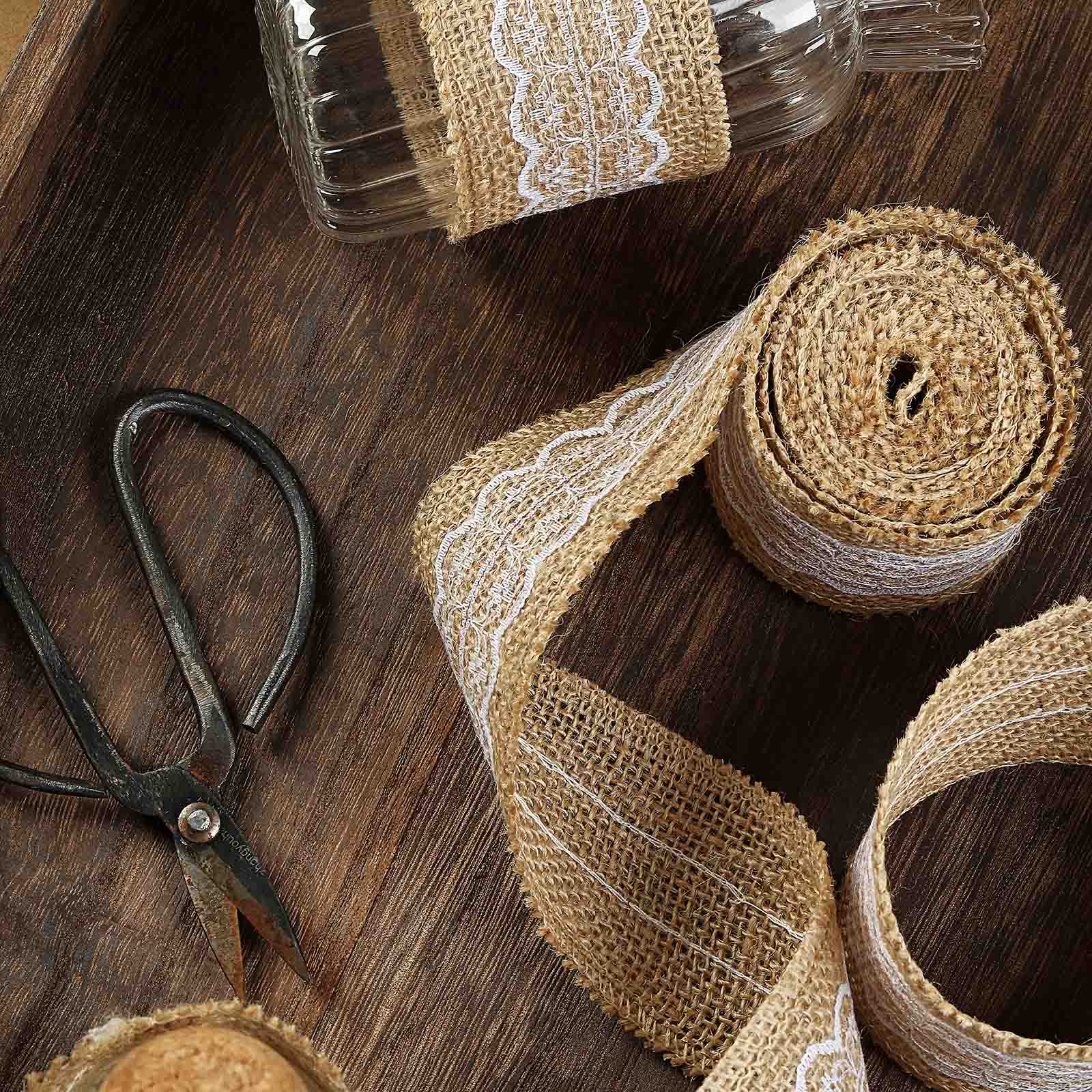 Pair of 16FT Natural Jute Burlap Ribbons with Wavy Lace Trim