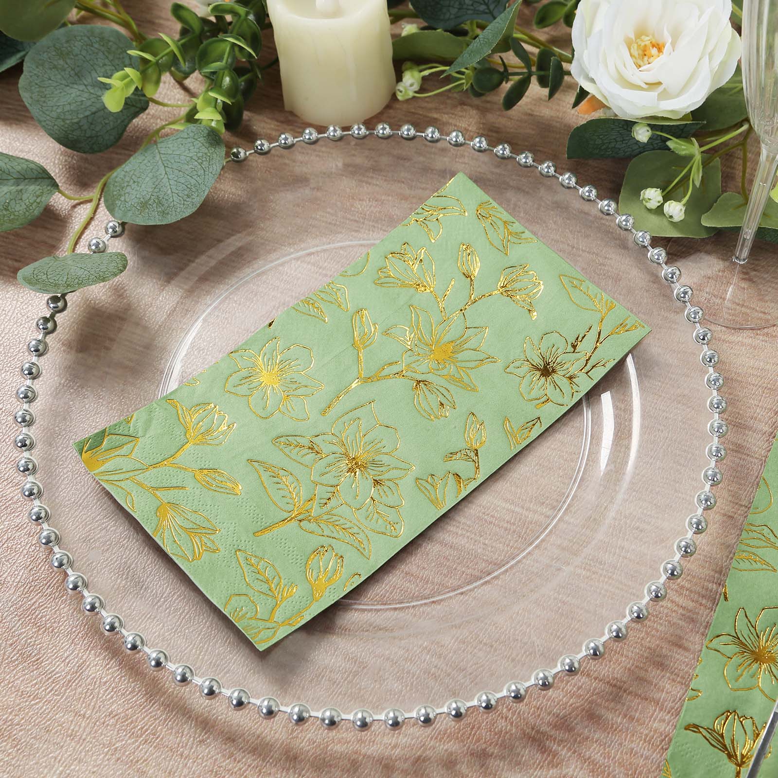 50-Pack Disposable 2-Ply Paper Dinner Napkins: Sage Green with Gold Magnolia Prints - Ideal for Parties