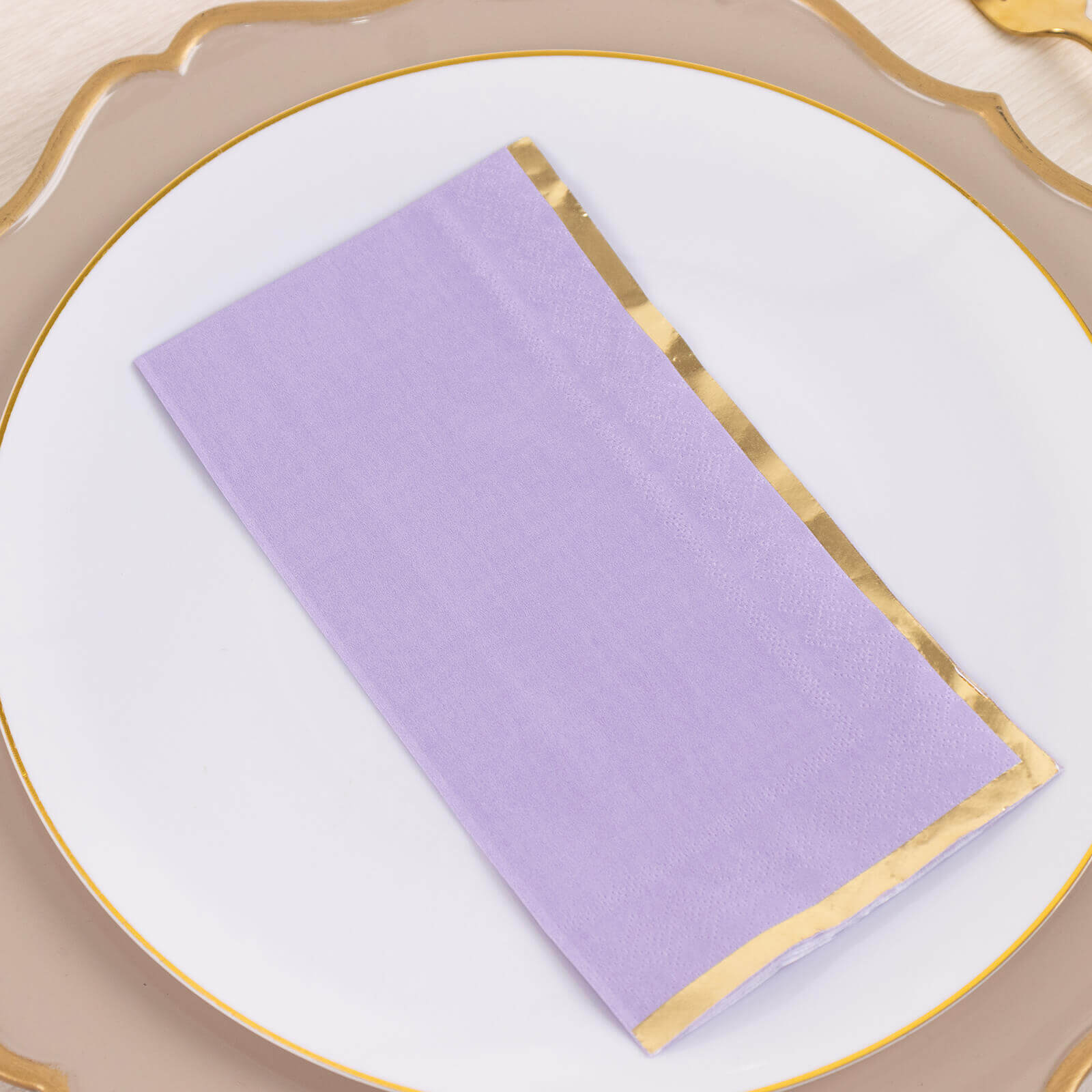 Get 50-Pack Stylish 2-Ply Disposable Paper Dinner Napkins in Lavender with Gold Foil Edge