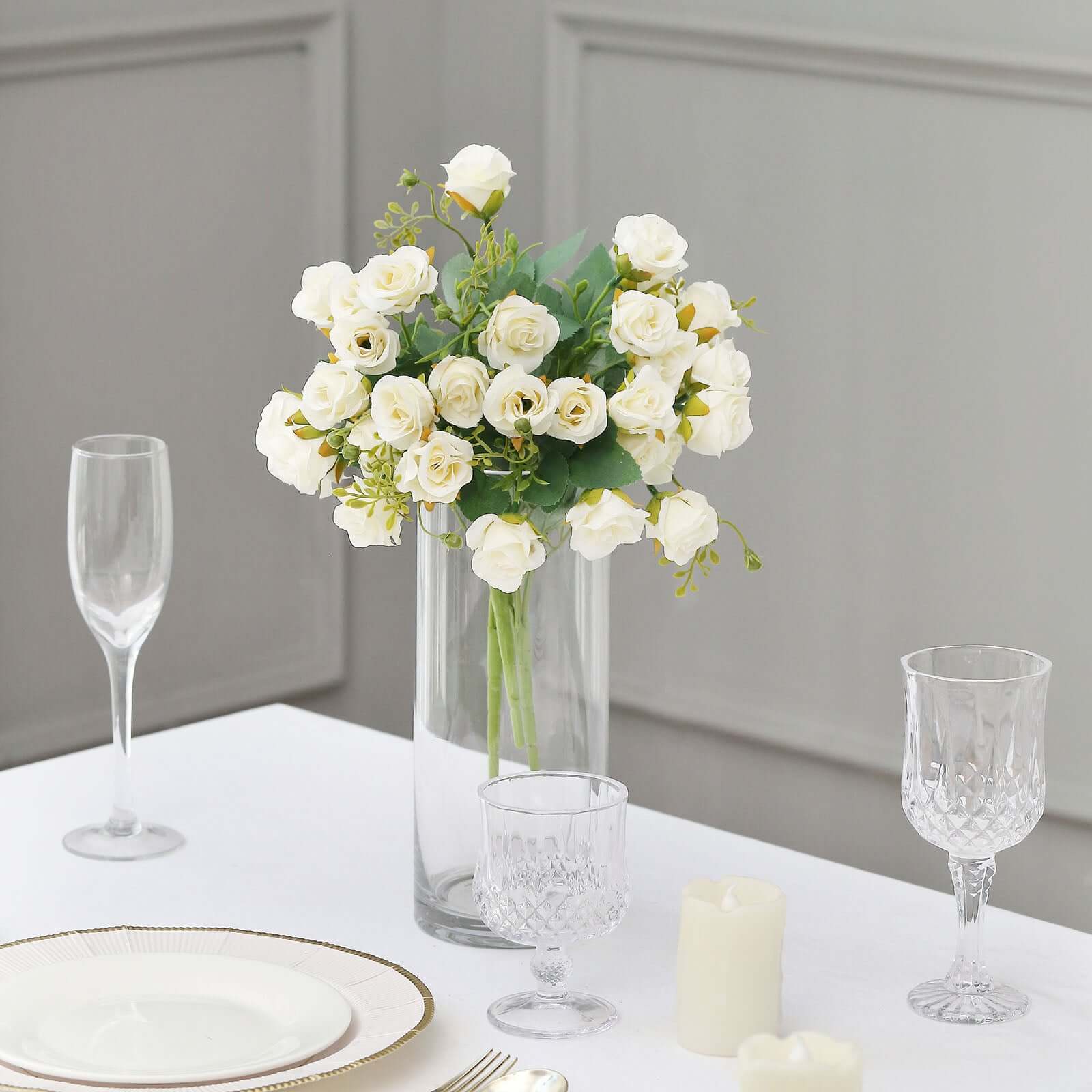 2 Pack of 12-Inch Ivory Artificial Open Rose Flower Arrangements, Small Faux Floral Bouquets
