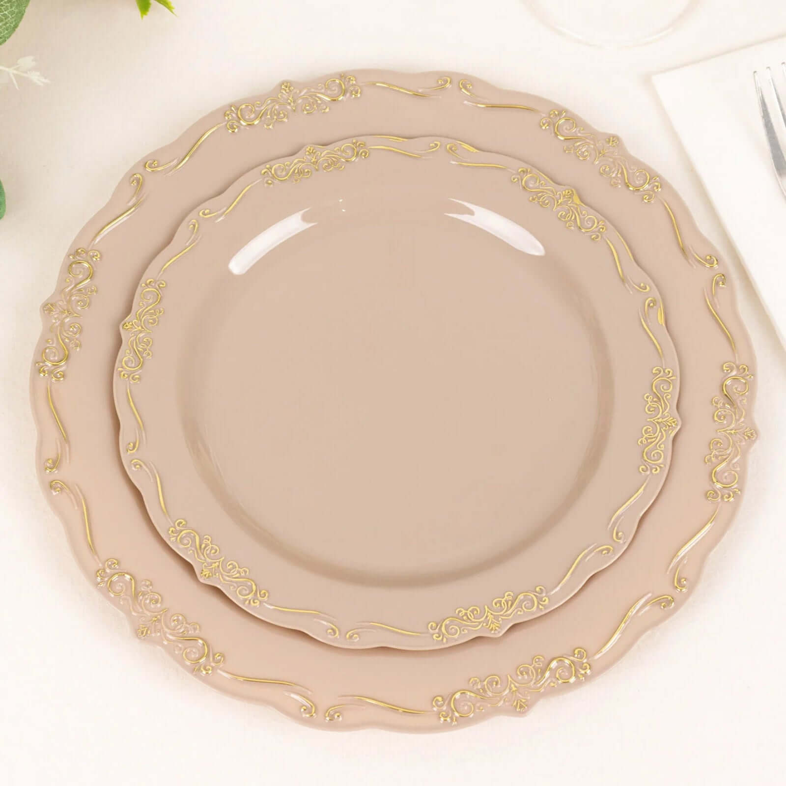 10-Pack Taupe Plastic Round Dessert Plates with Gold Vintage Embossed Scalloped Edge