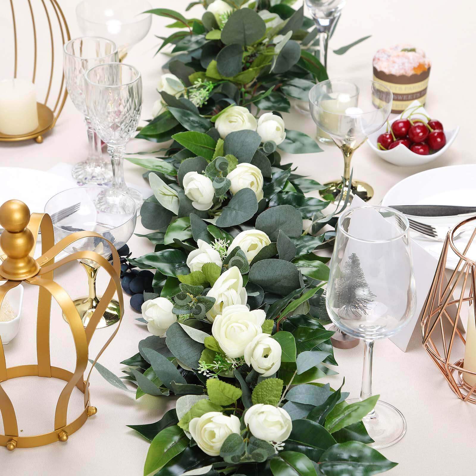 40-Foot Artificial Silk Cream Ranunculus and Eucalyptus Willow Leaf Garland - Ideal Decor
