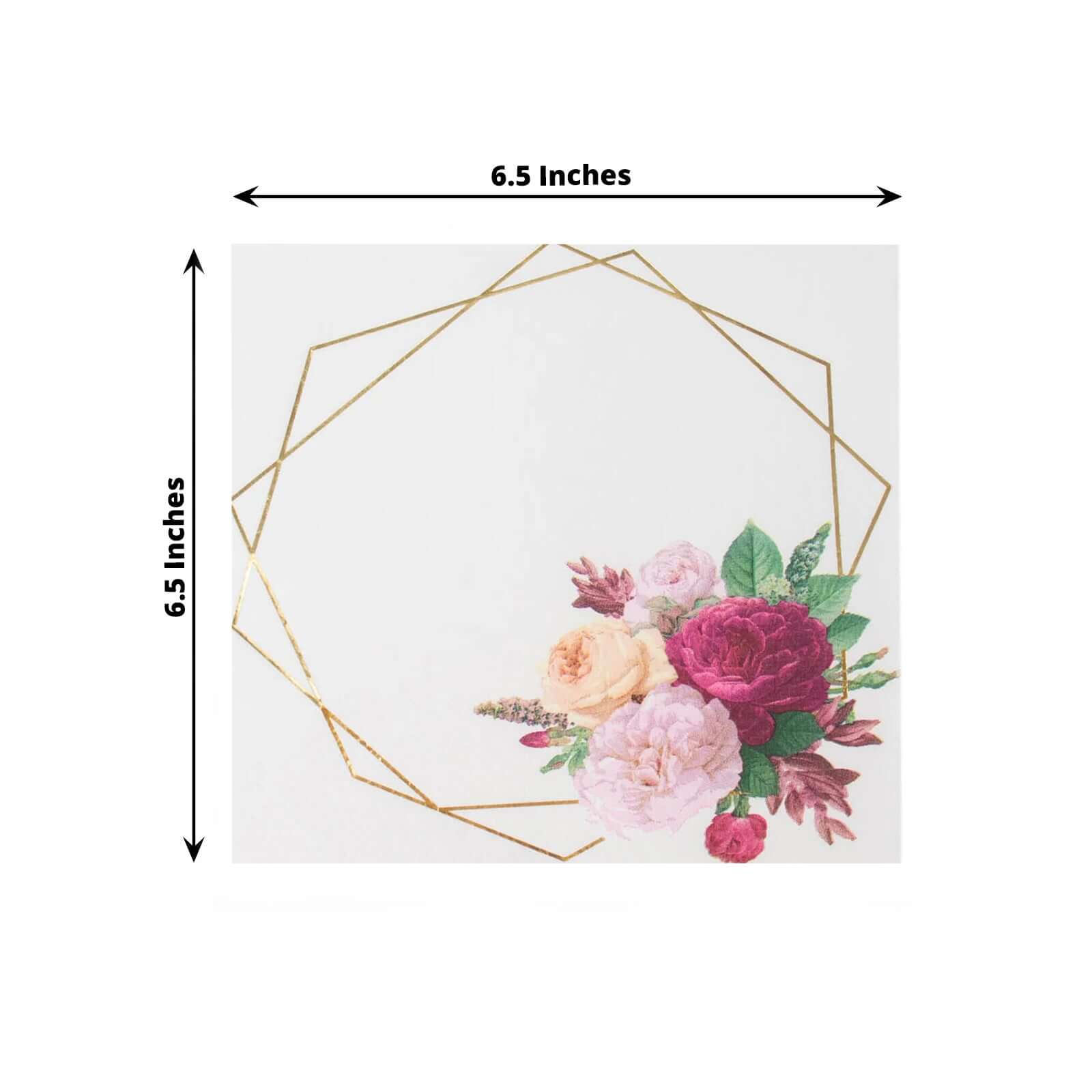 20-Pack White Paper Napkins with Gold Hexagon Frame & Floral Print - Ideal for Parties