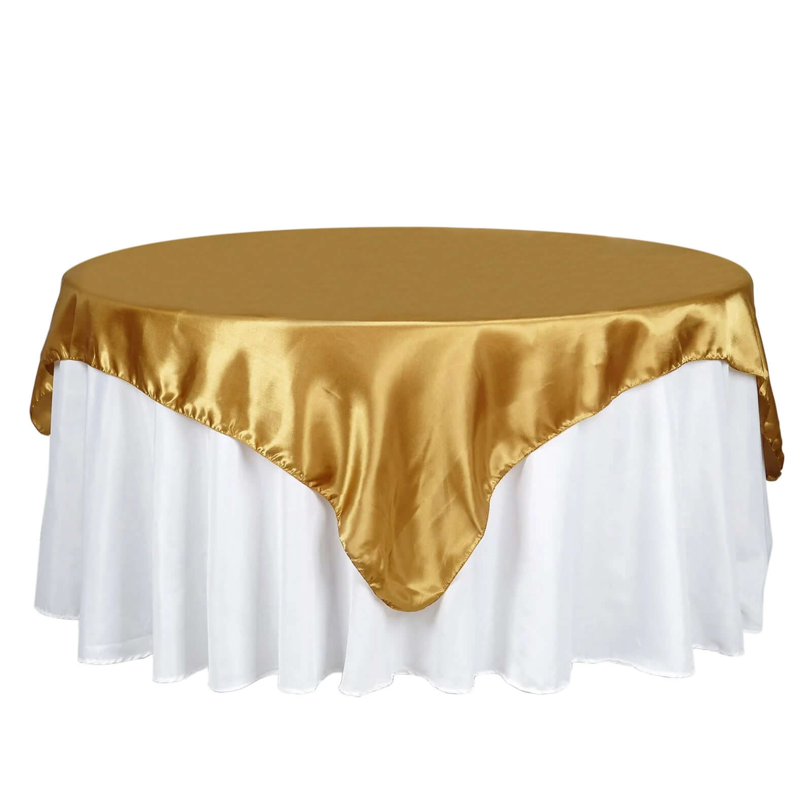 Luxurious Gold Satin 72x72 Square Table Overlay with Smooth Finish for Special Events