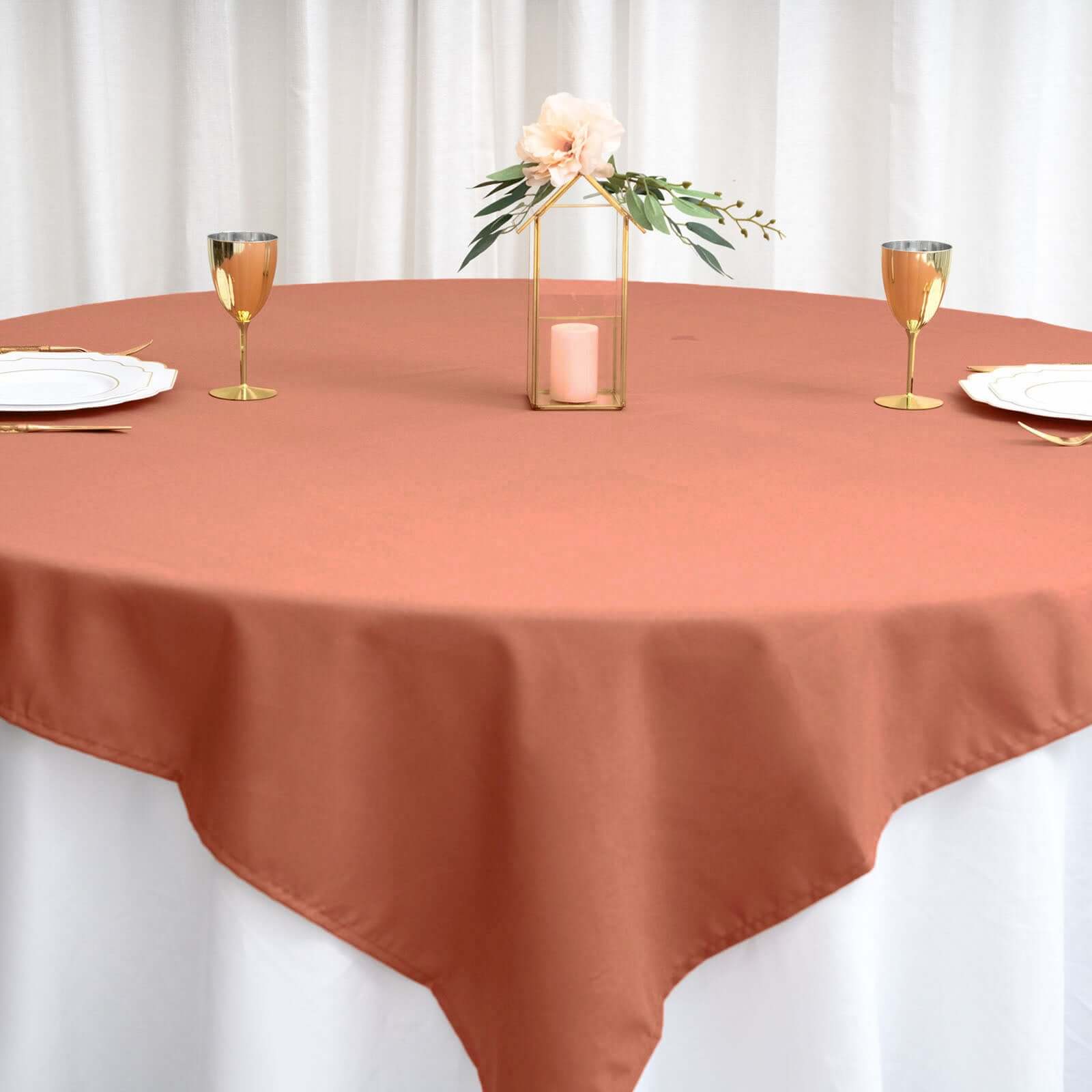Wrinkle-Resistant & Durable 70x70 Polyester Square Table Overlay in Terracotta (Rust)