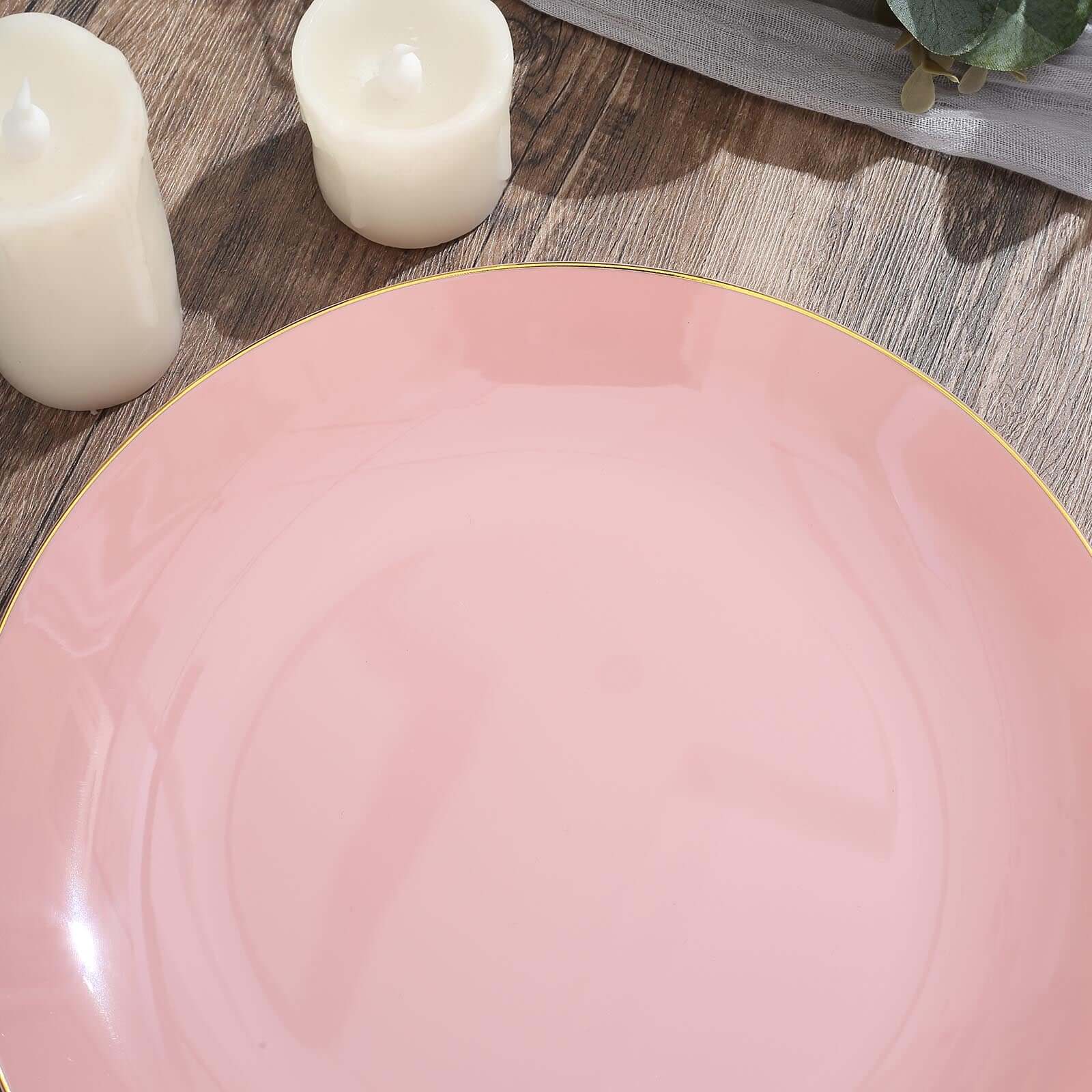 10-Piece Set of Glossy Disposable Dusty Rose Plastic Dinner Plates with Gold Rim