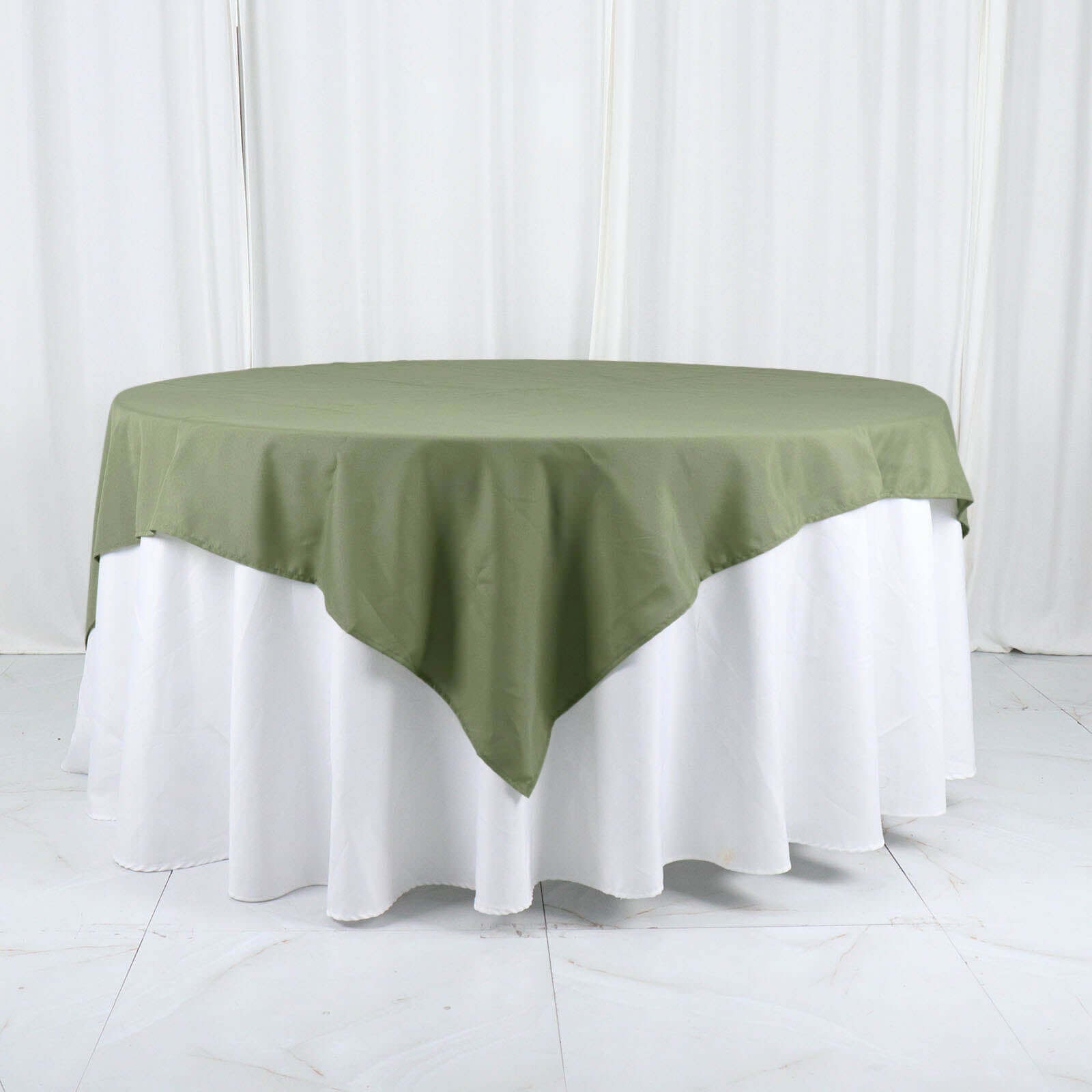 Get This Durable & Wrinkle-Resistant 70x70 Polyester Square Table Overlay in Dusty Sage Green
