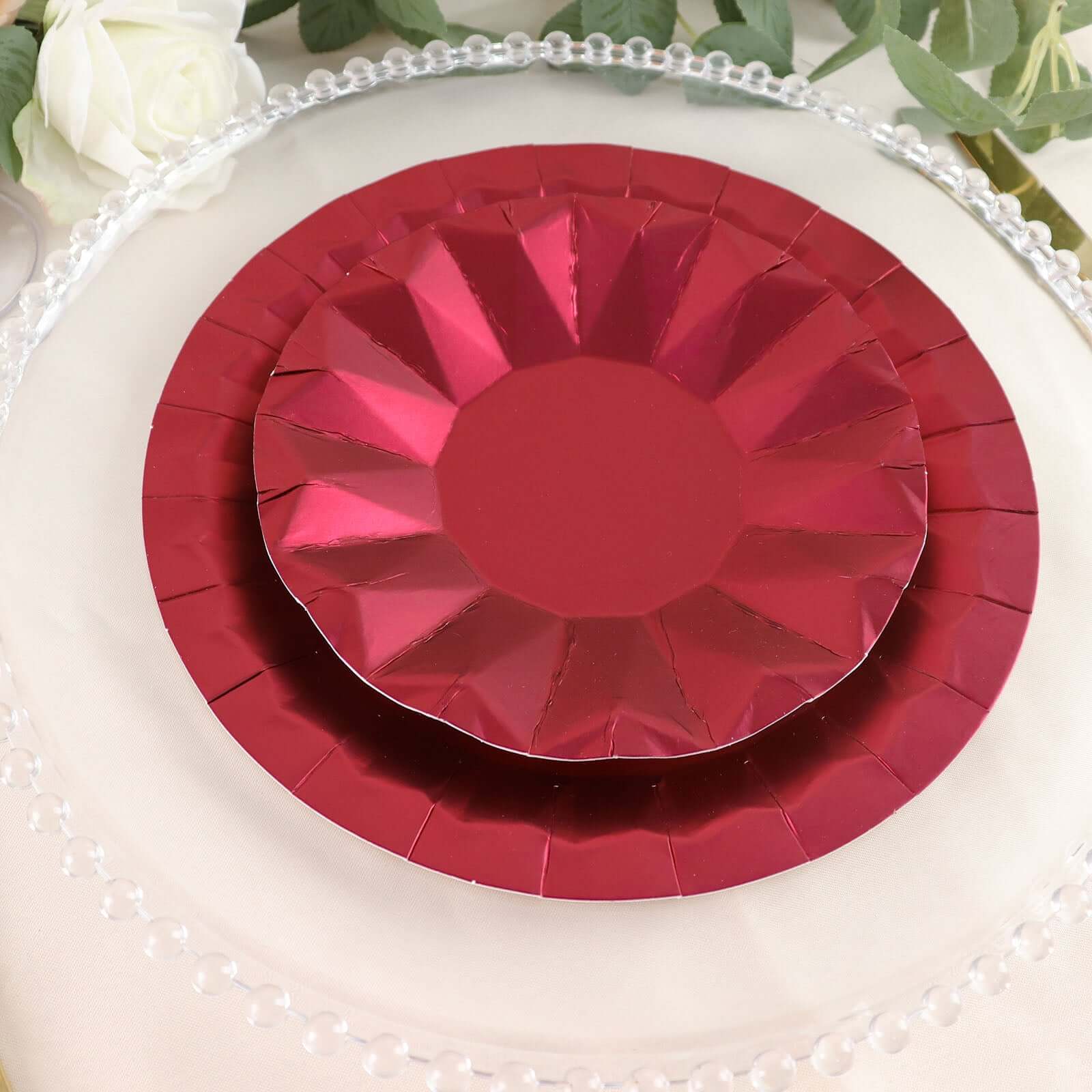 25-Pack 7-Inch Disposable Burgundy Round Dessert Plates with Geometric Prism Rim, 400GSM
