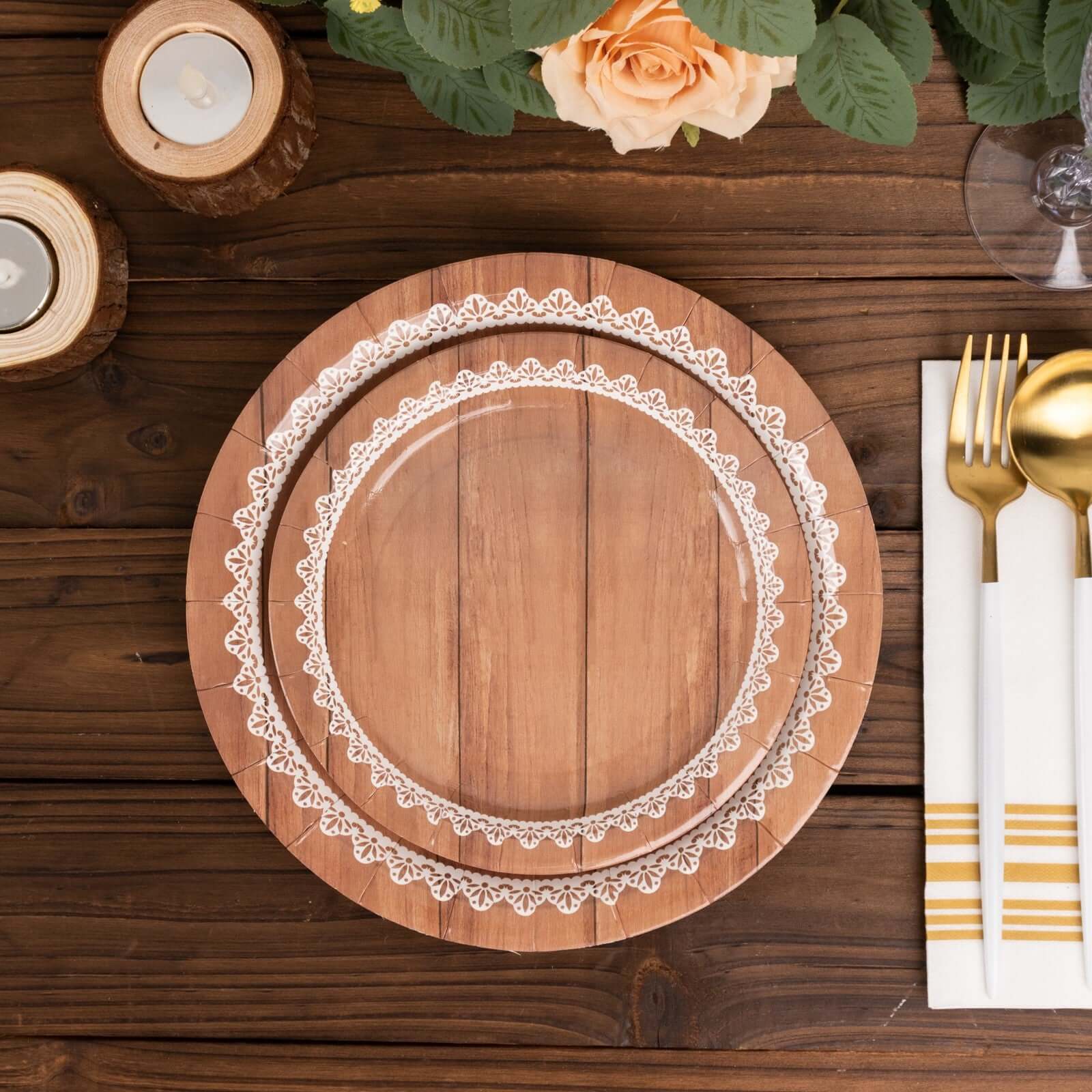 25-Pack Disposable 7-Inch Round Brown Wood Grain Paper Dessert Plates with White Lace Rim for Rustic Events
