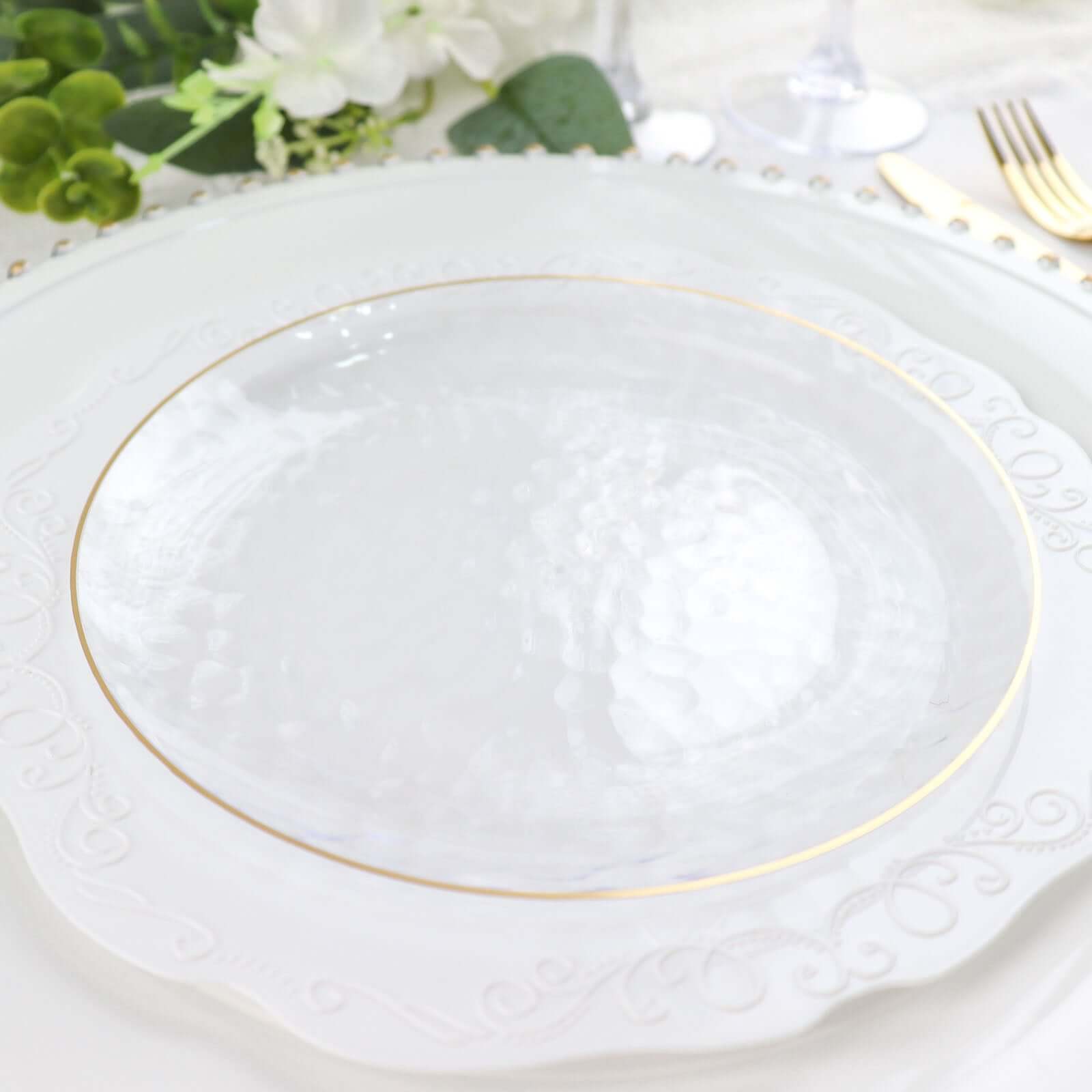 Hot Deal! 10-Pack Clear Plastic Round Dessert Plates with Hammered Gold Rim - Disposable & Modern