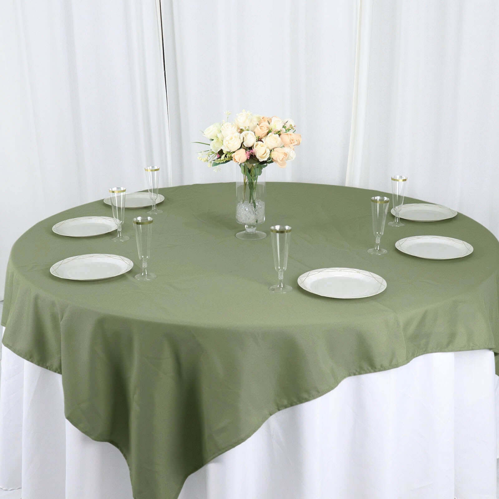 Get This Durable & Wrinkle-Resistant 70x70 Polyester Square Table Overlay in Dusty Sage Green