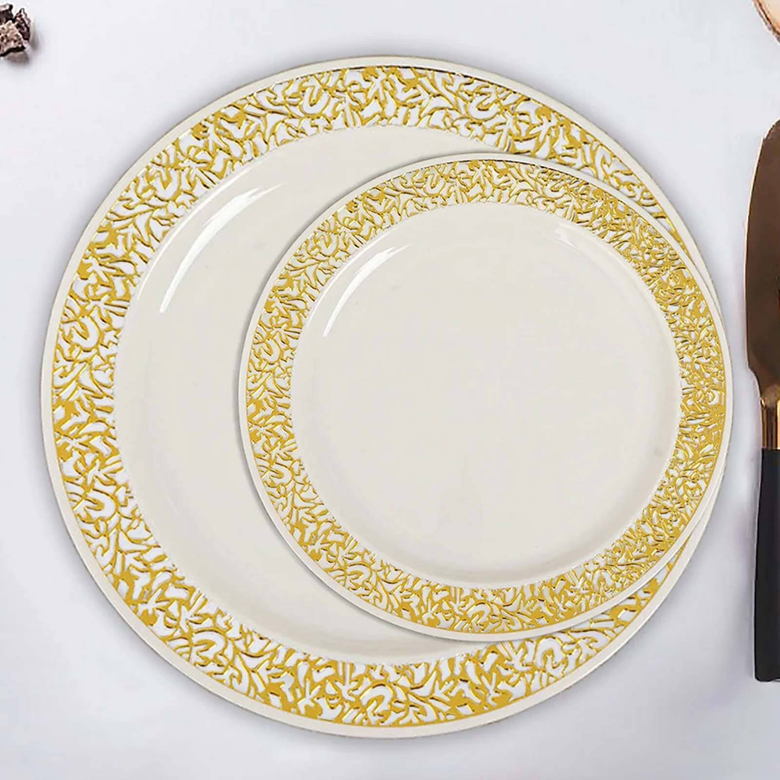 10-Pack Ivory Plastic Disposable Appetizer Plates with Gold Lace Rim, 6 Inches