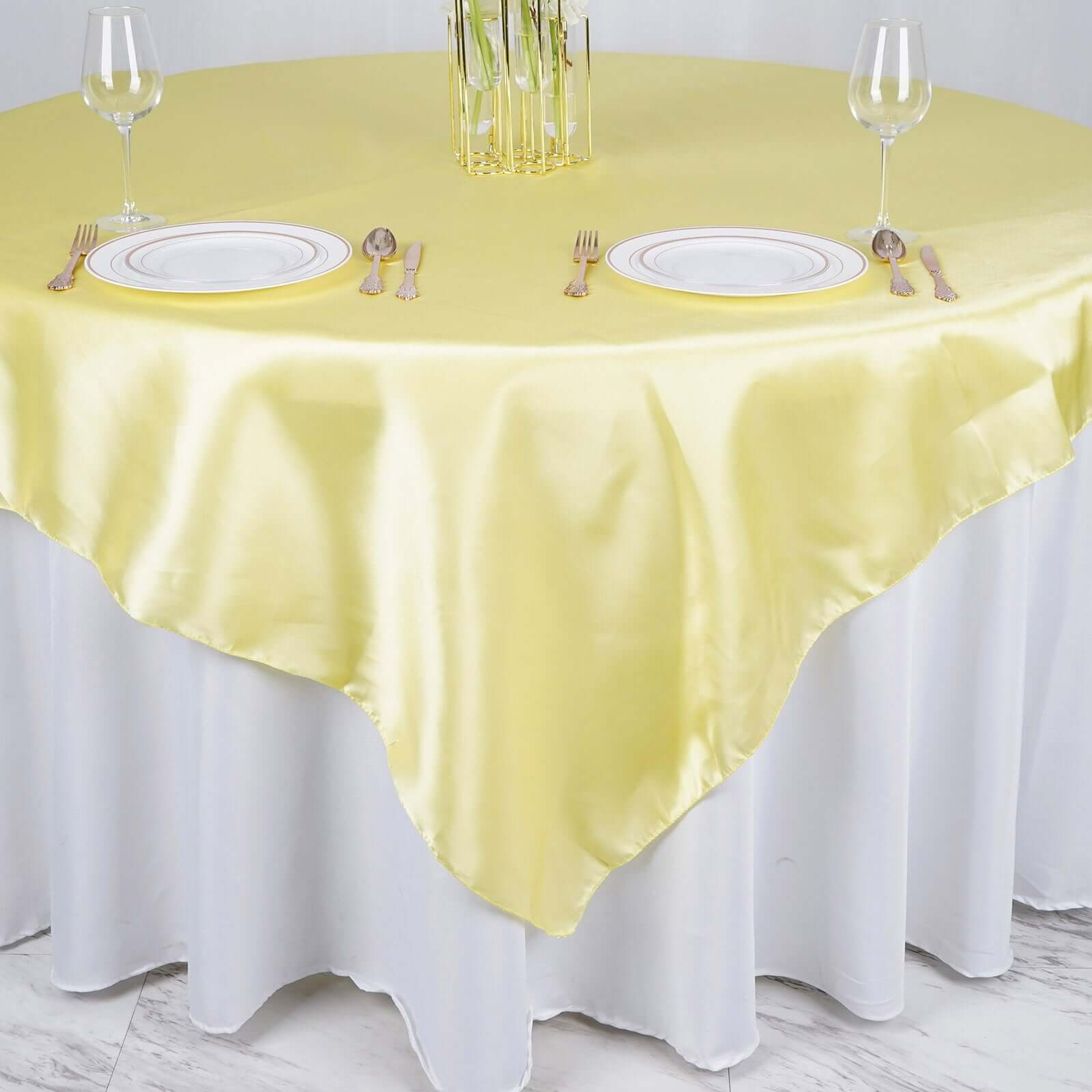 Yellow Satin 72x72 Square Table Overlay - Smooth Finish, Ideal Decor