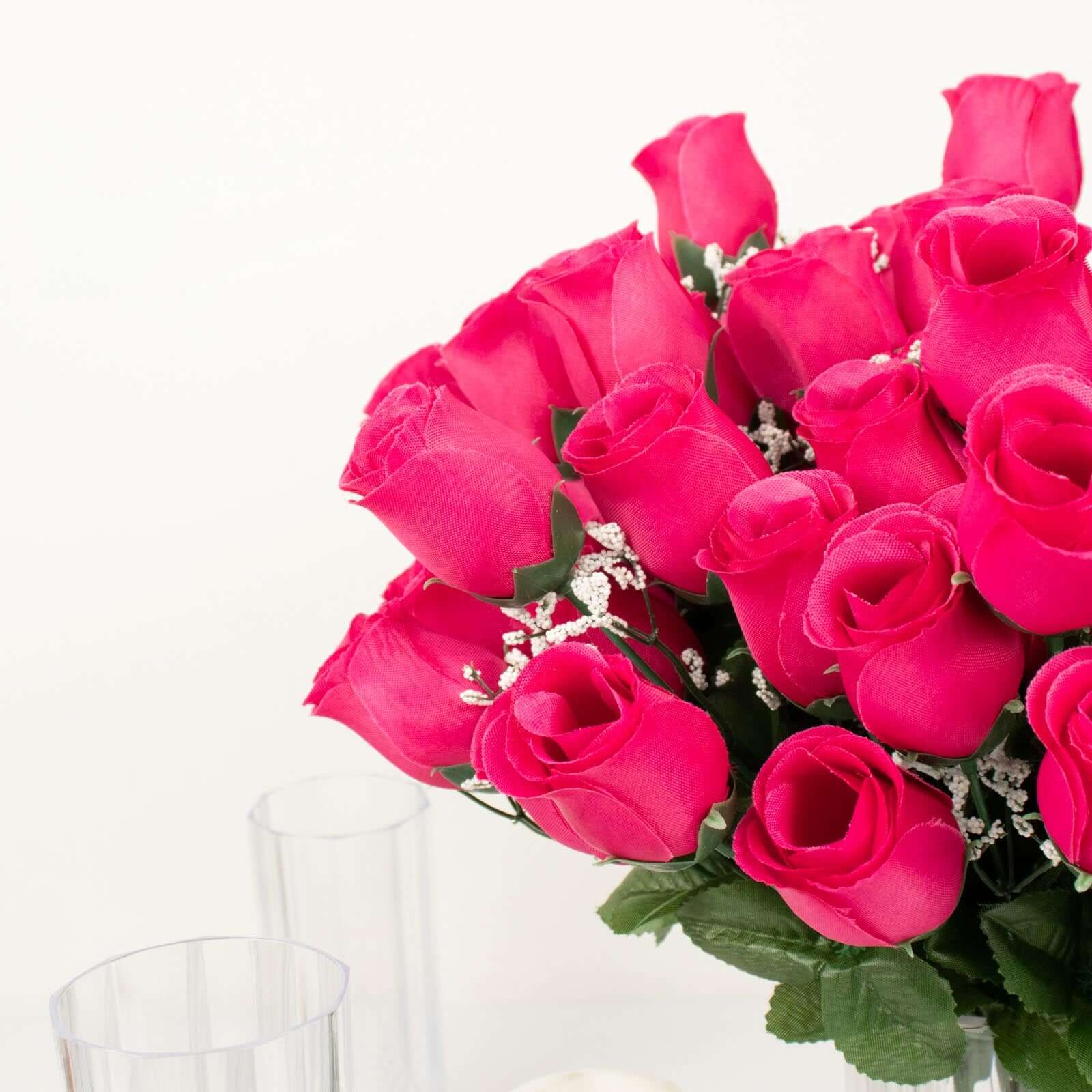 Premium Artificial Silk Fuchsia Rose Bud Bouquets - Set of 12 Bushes for Decor