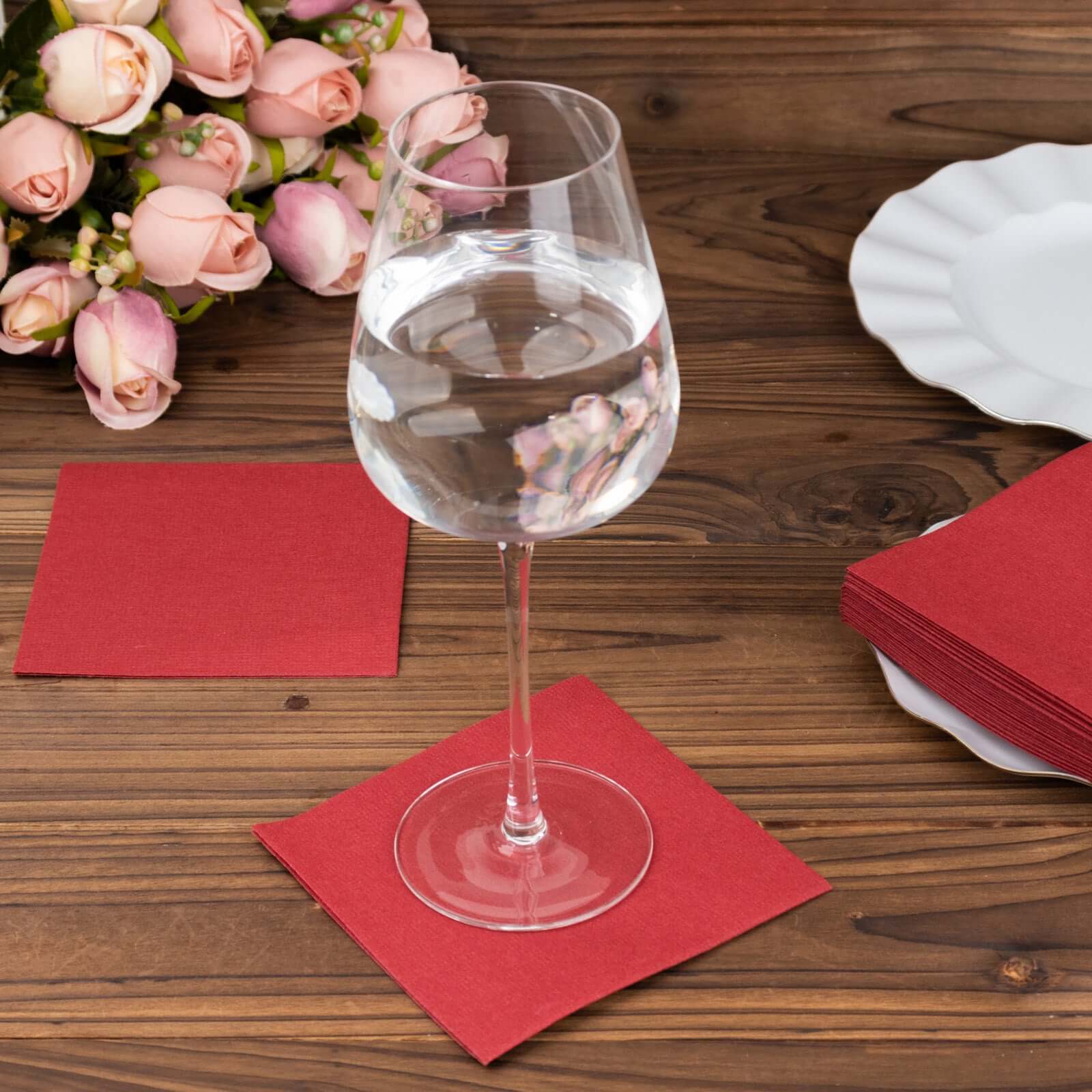 20-Pack Highly Absorbent Burgundy 5x5 Linen-Like Airlaid Napkins - Ideal for Events
