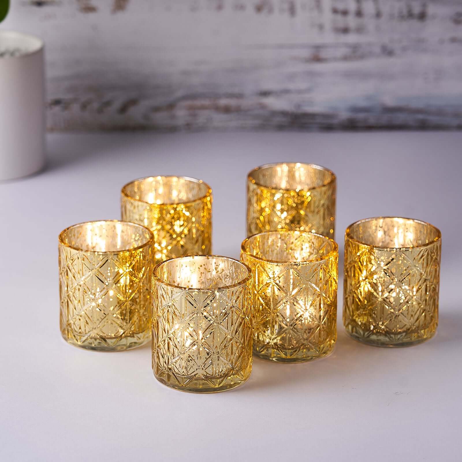 Hot Sale! 6-Piece Set of Shiny Gold Mercury Glass Votive Tealight Holders with Geometric Design