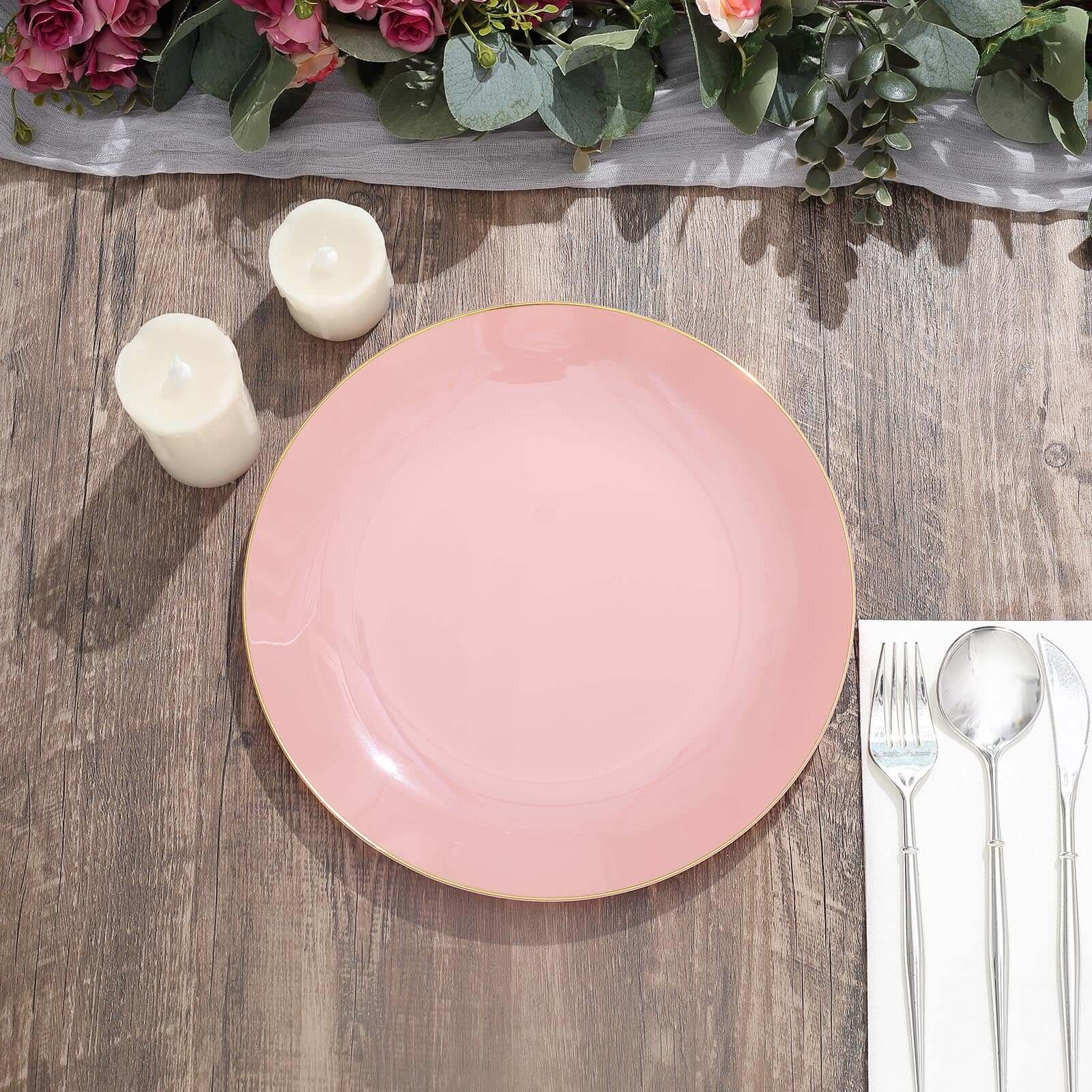 10-Piece Set of Glossy Disposable Dusty Rose Plastic Dinner Plates with Gold Rim