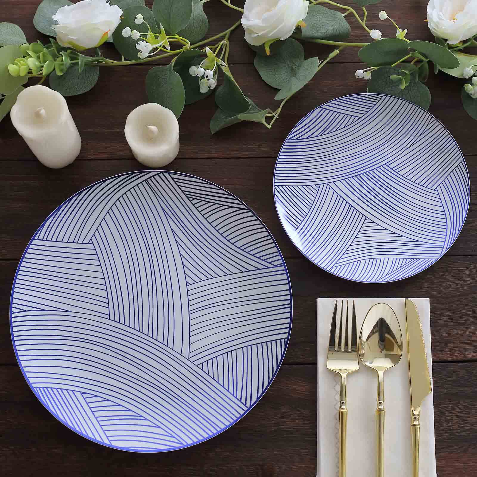 Great Deal! 10-Pack Disposable Plastic Round Dessert Plates in White with Blue Wave Pattern, 7 Inches
