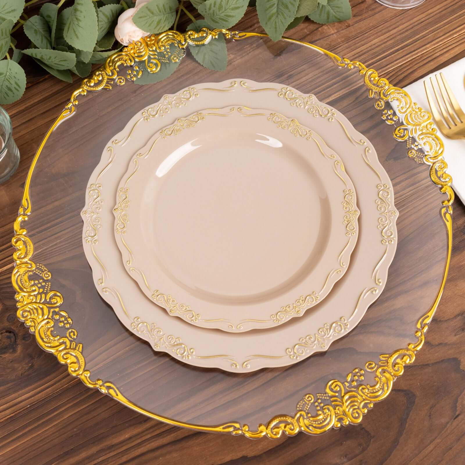 10-Pack Taupe Plastic Round Dessert Plates with Gold Vintage Embossed Scalloped Edge