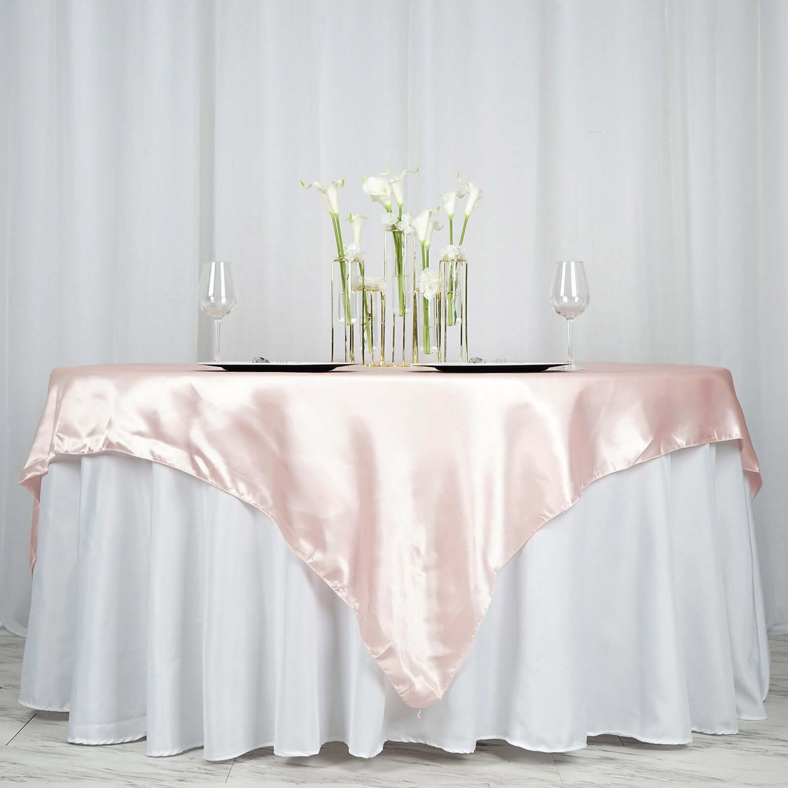 Hot Sale! 72x72 Blush Satin Square Table Overlay with Smooth Finish for Table Decor