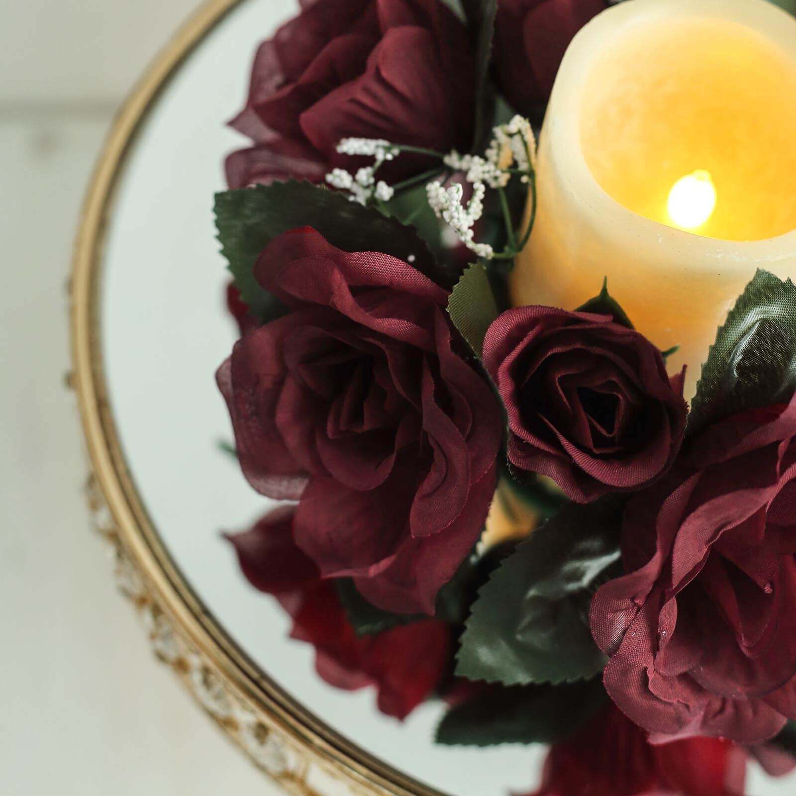 4-Pack Burgundy Artificial Silk Rose Flower Candle Rings - Ideal Decor!