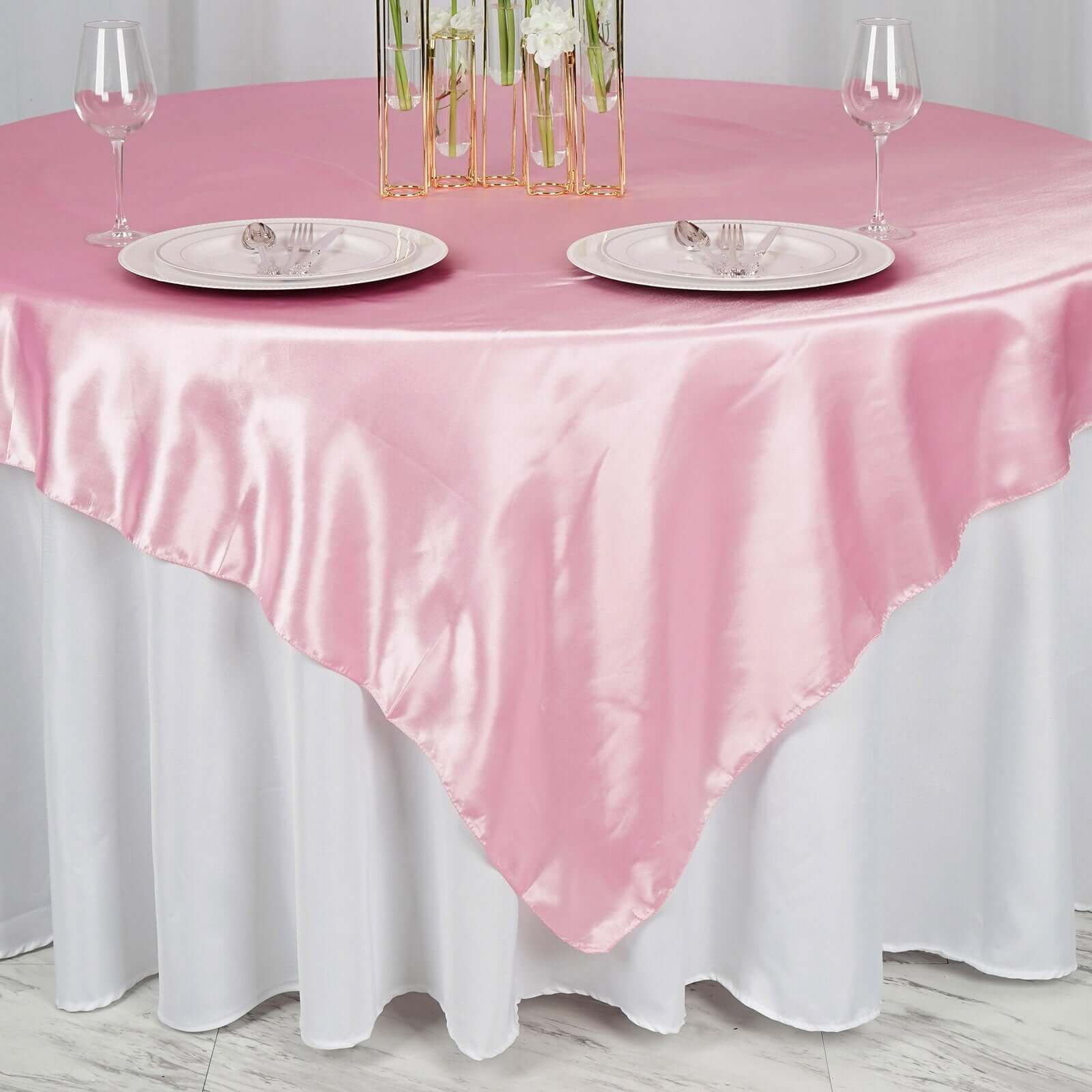 Pink 72x72 Satin Square Table Overlay - Smooth Finish Table Cover for Events