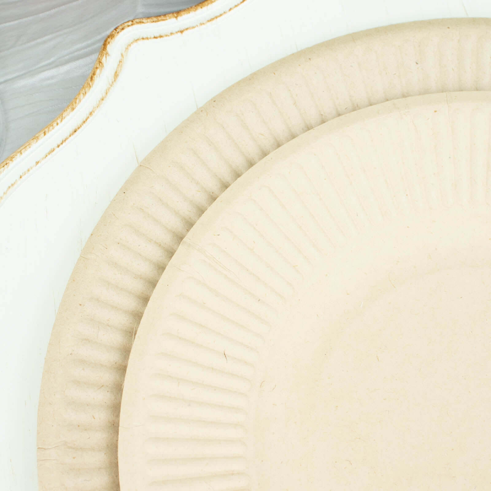 50-Piece Set of Natural 8-Inch Round Bagasse Dessert Plates with Ribbed Edge