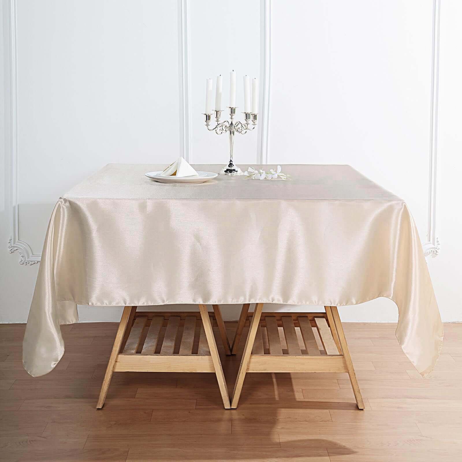 Beige Satin Square Table Overlay - 72x72, Smooth Finish for Weddings and Parties