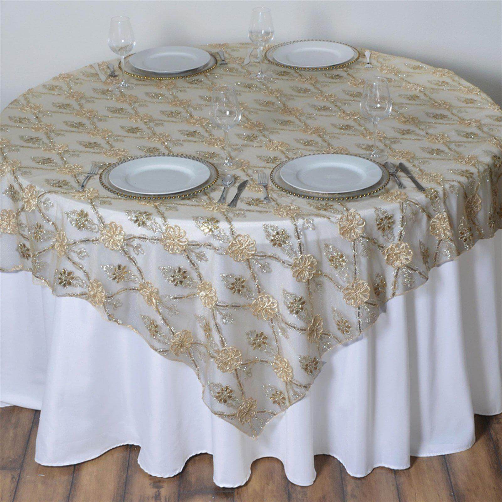 Champagne Satin Sequin Floral Embroidered Lace Square Table Overlay 72x72 for Special Events