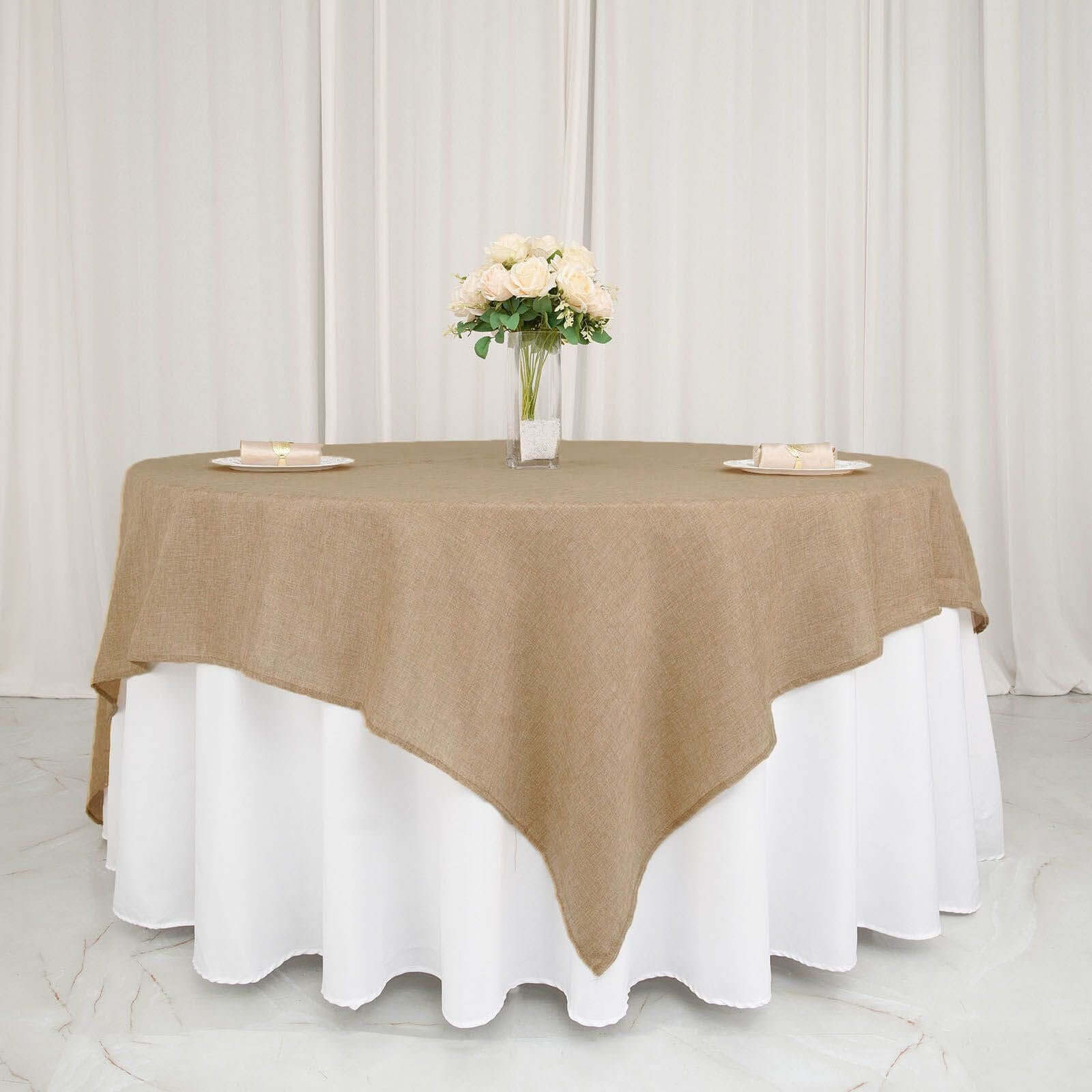 Hot Sale! Natural Faux Burlap 90x90 Square Table Overlay for Stylish Boho - Chic Celebrations