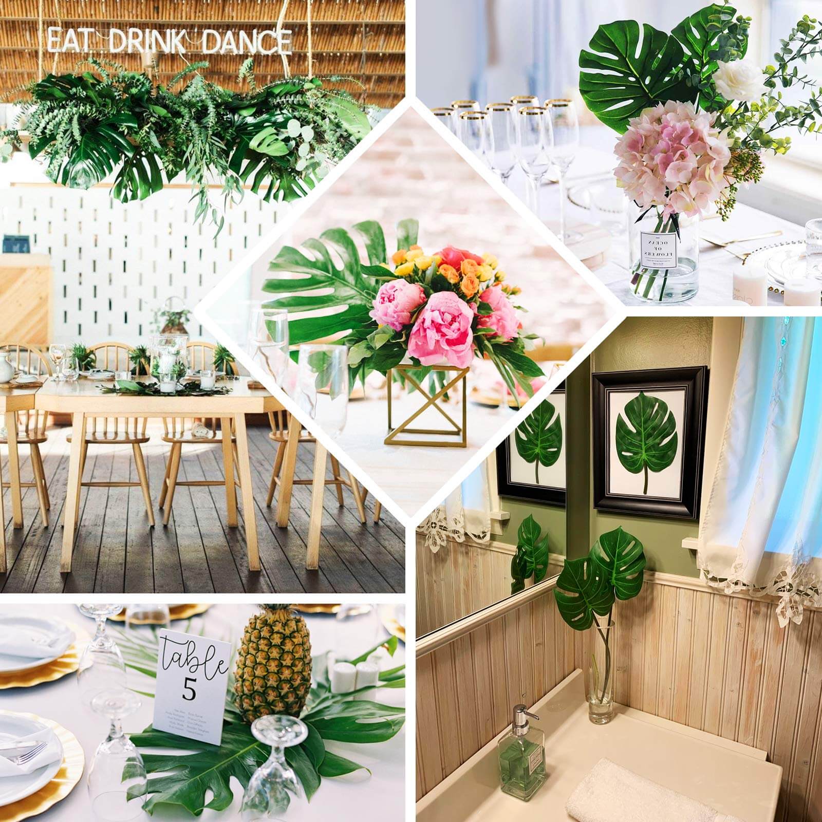 6-Piece Assorted Green High-Quality Silk Artificial Monstera Leaf Stems