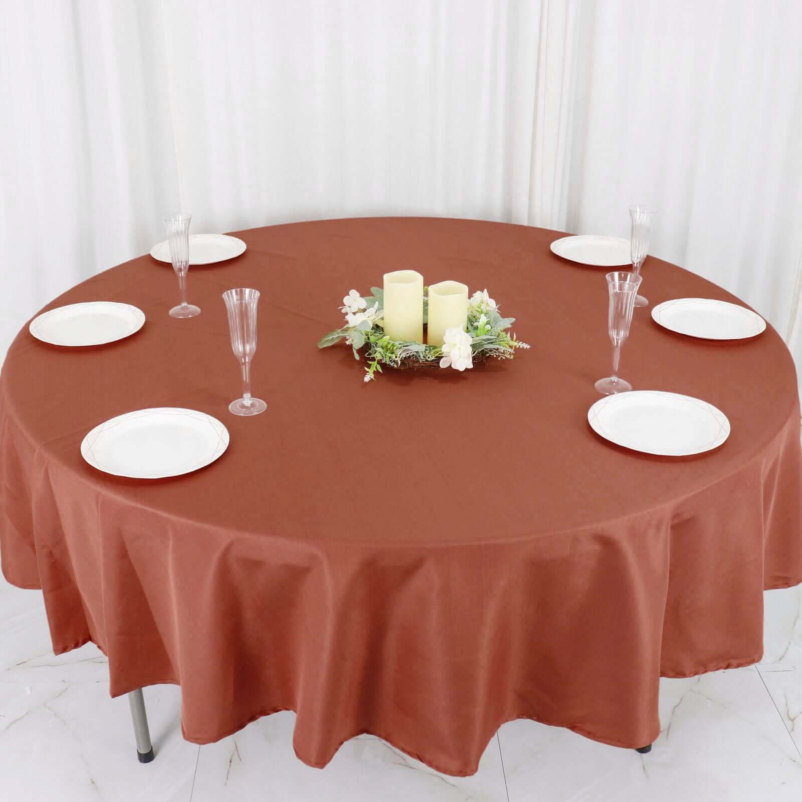 Hot! 90' Round Terracotta Polyester Tablecloth - Stain & Wrinkle Free