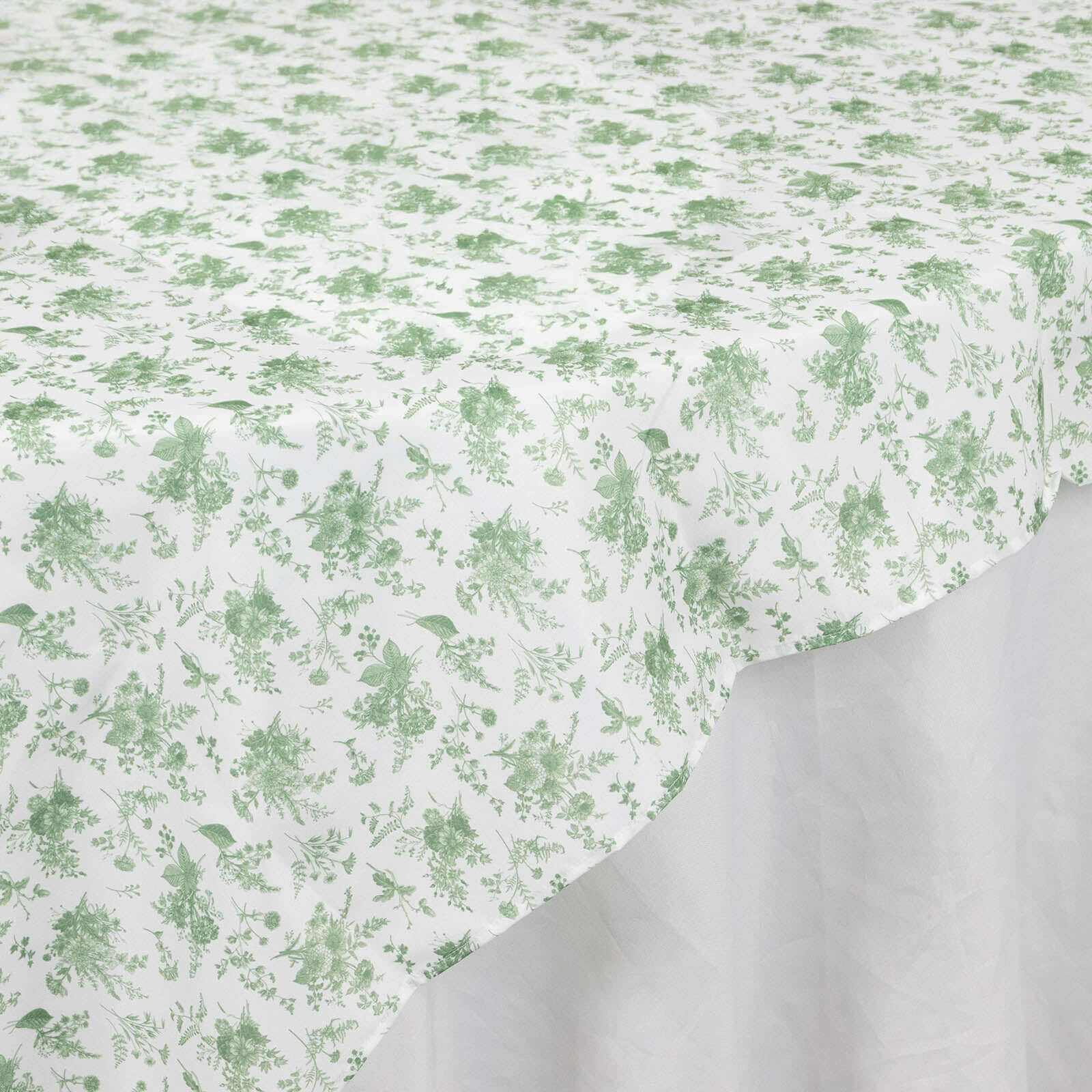 70x70 Polyester Square Table Overlay in Dusty Sage Green French Toile Pattern for Fine Dining