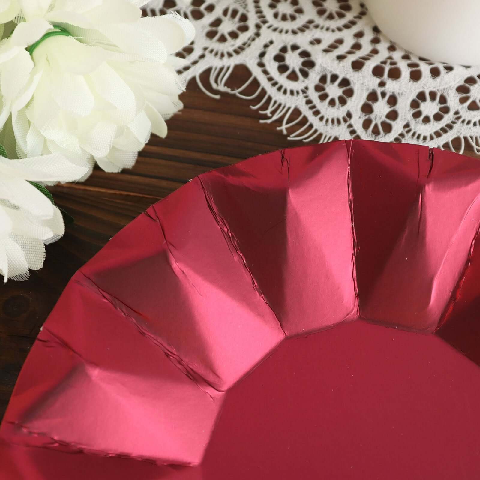 25-Pack 7-Inch Disposable Burgundy Round Dessert Plates with Geometric Prism Rim, 400GSM