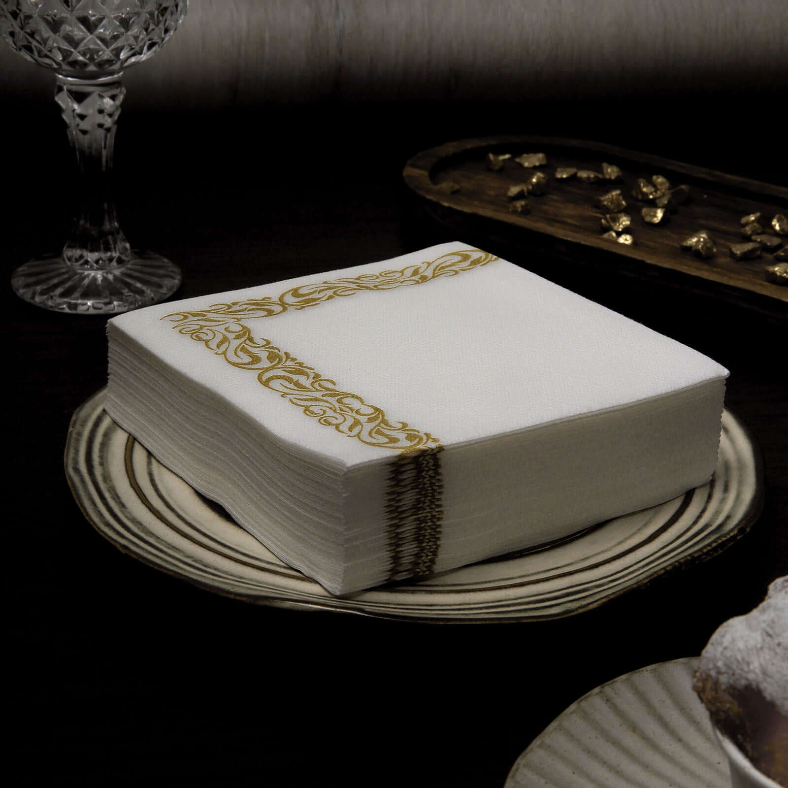20-Pack Airlaid Party Napkins: White with Gold Scroll Floral Design - Soft & Absorbent