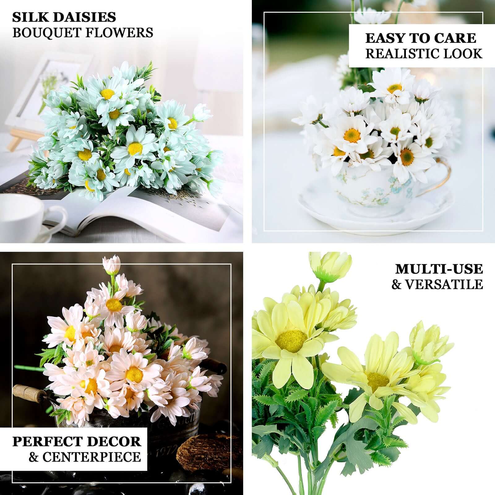 4 Artificial Light Blue Silk Daisy Flower Bouquet Branches with 11 Blooms