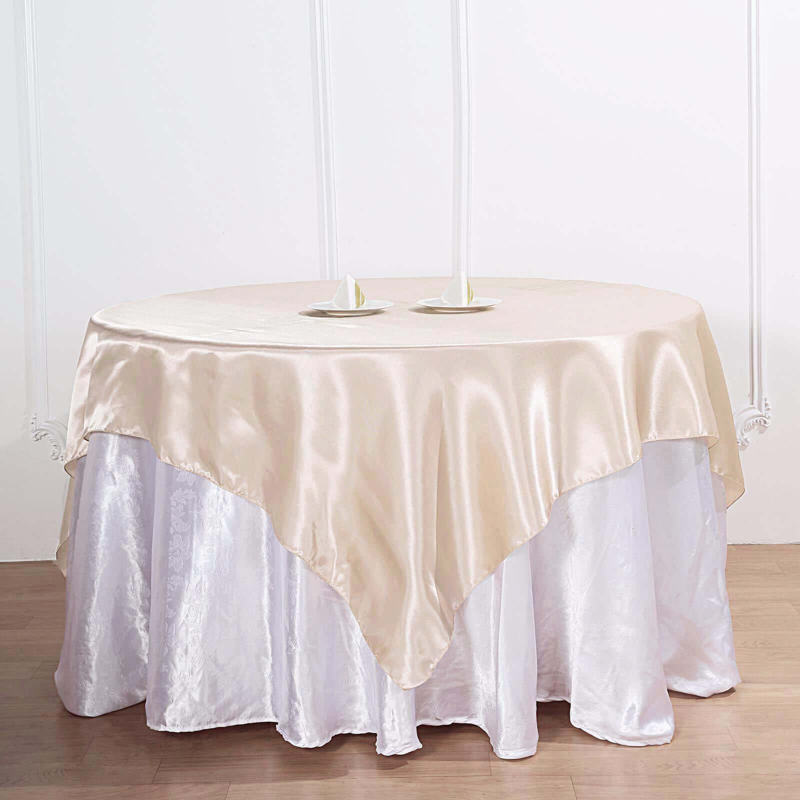 Beige Satin Square Table Overlay - 72x72, Smooth Finish for Weddings and Parties