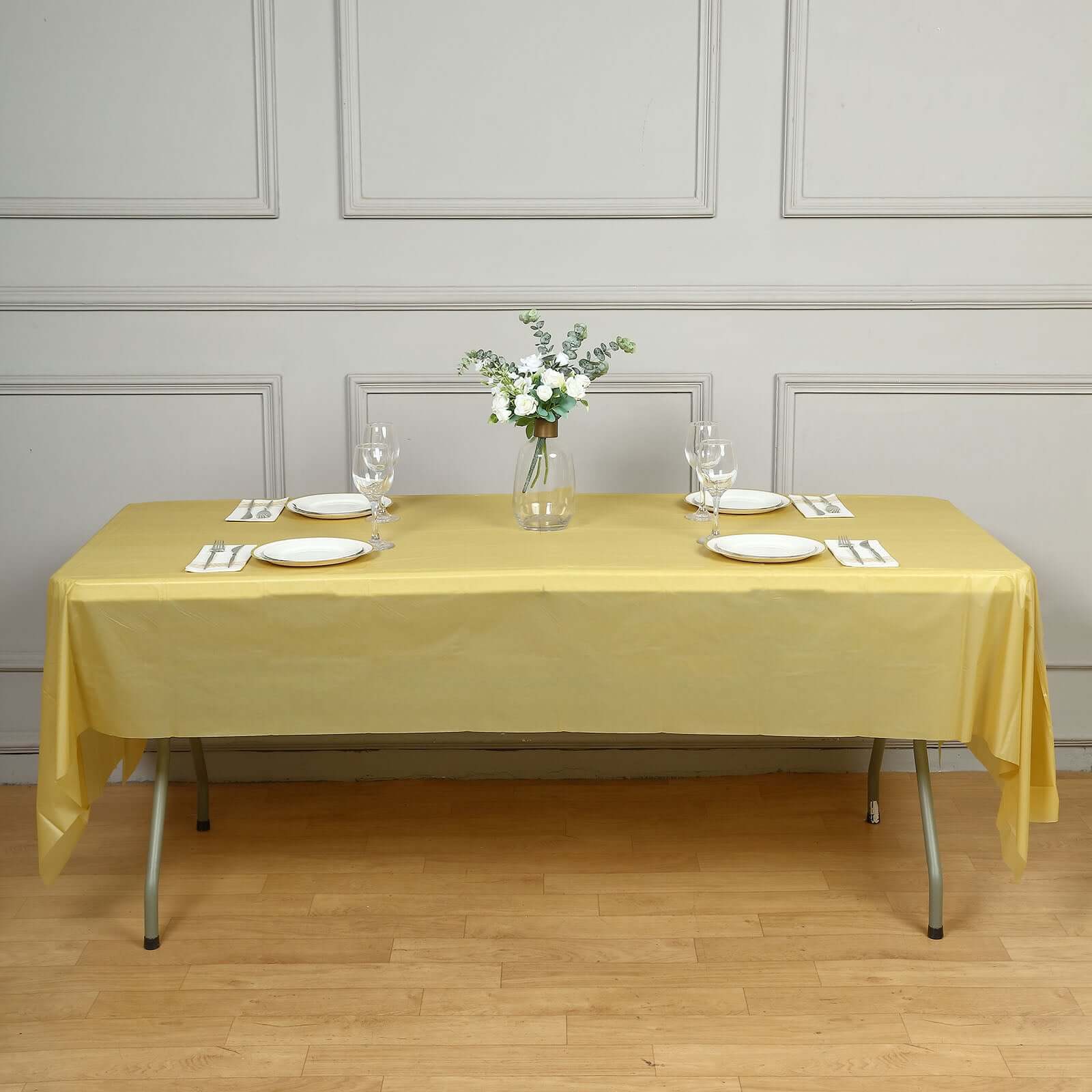 5-Pack Gold Plastic Rectangle Disposable Table Covers - Durable PVC for Gatherings, 54x108