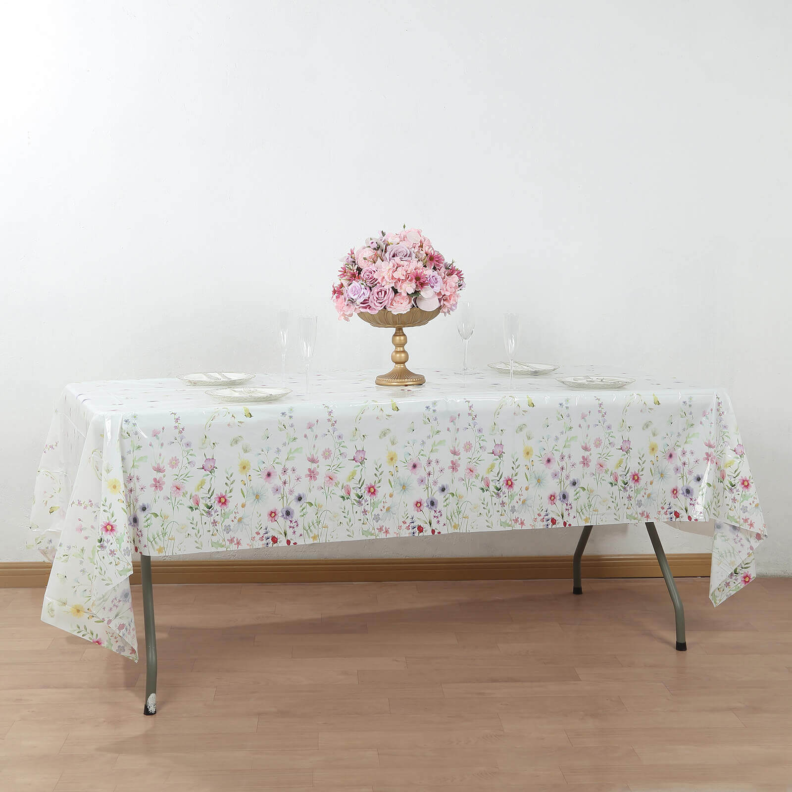 5-Pack Durable PVC Disposable Spring Floral Plastic Tablecloths 54x108, White/Green with Wild Flowers & Butterfly Print