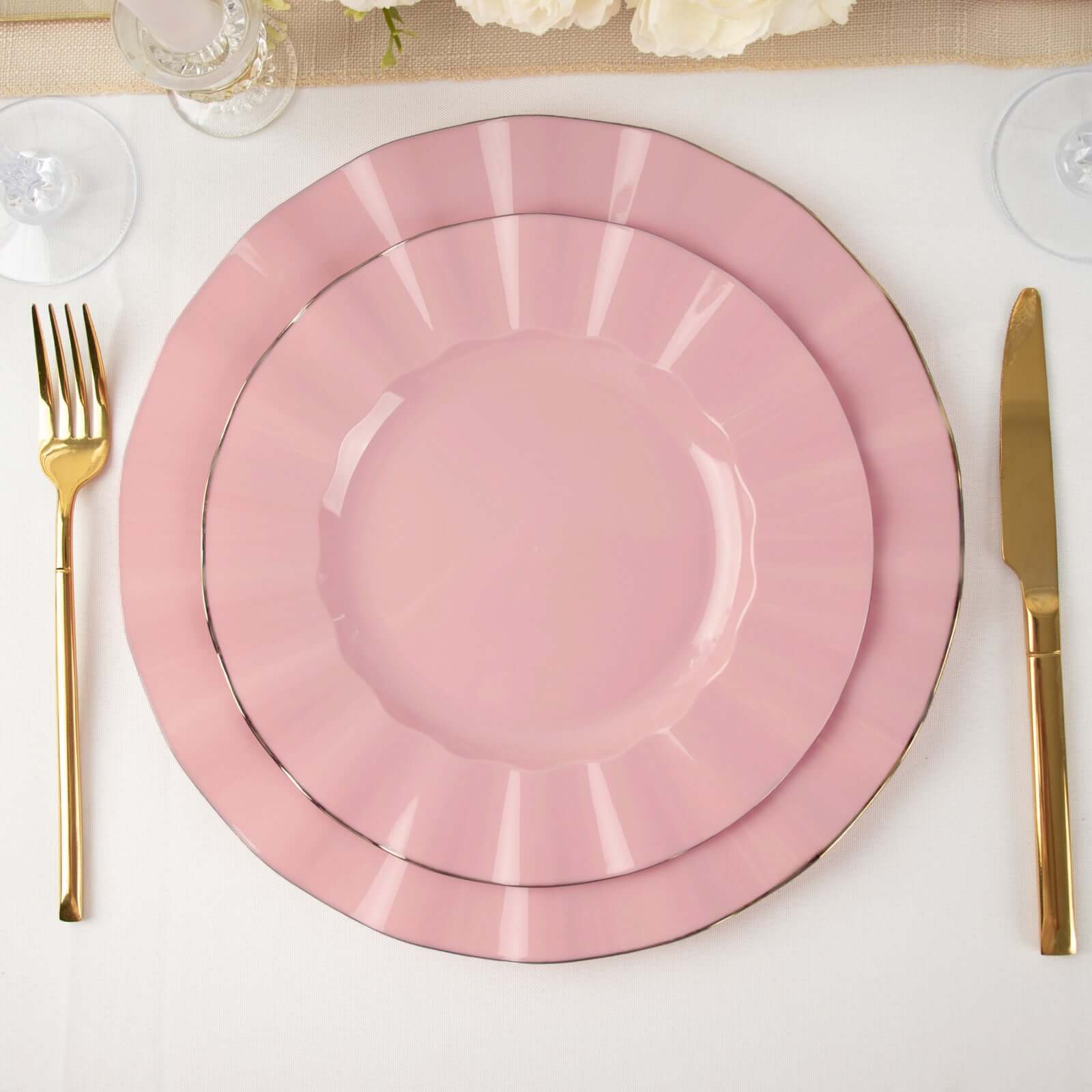 Hot Deal! 10-Piece Set of 9-Inch Round Disposable Plastic Dinner Plates in Dusty Rose with Gold-Rimmed Ruffled Edge