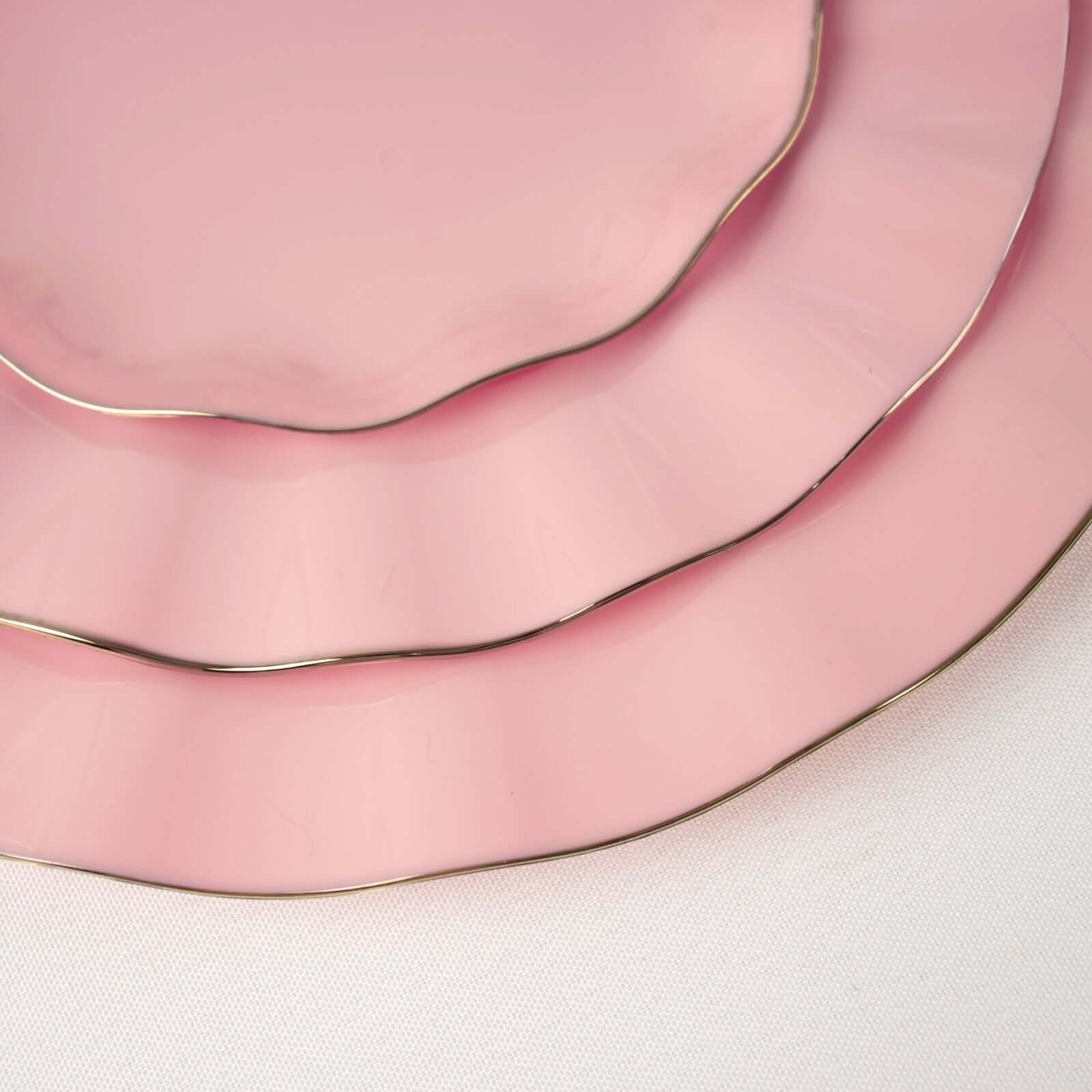 Hot Deal! 10-Piece Set of 9-Inch Round Disposable Plastic Dinner Plates in Dusty Rose with Gold-Rimmed Ruffled Edge
