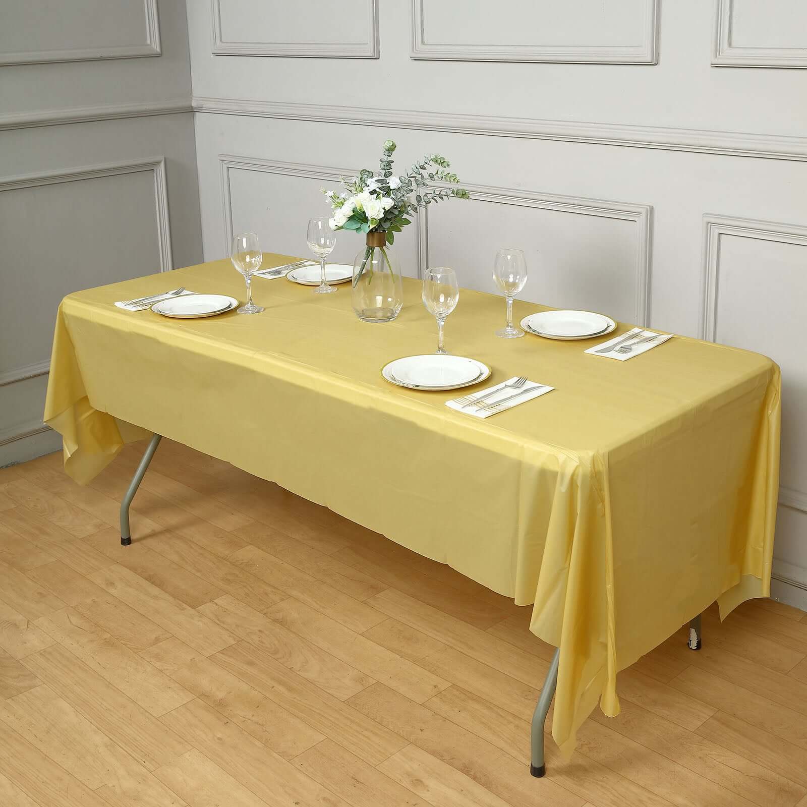 5-Pack Gold Plastic Rectangle Disposable Table Covers - Durable PVC for Gatherings, 54x108