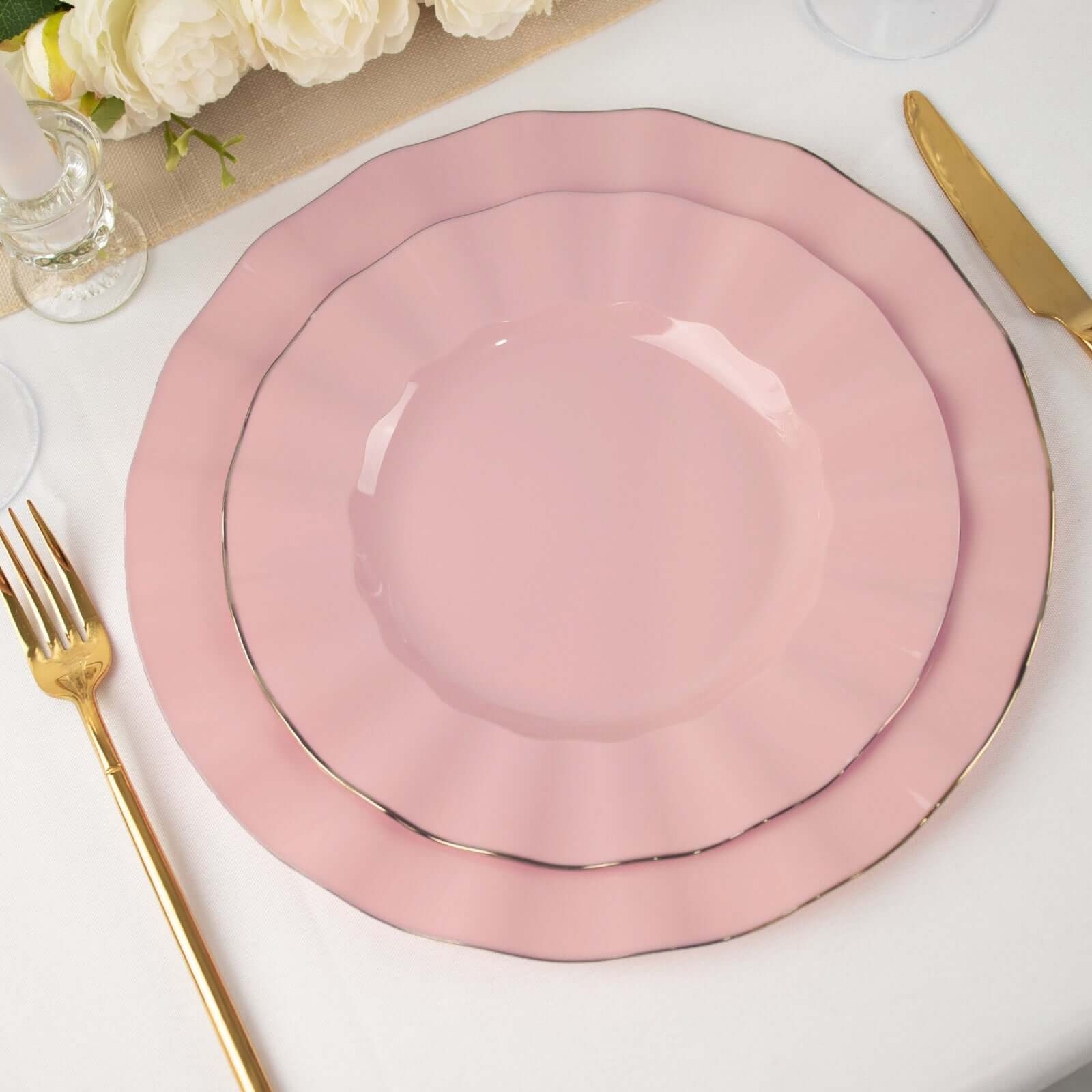 Hot Deal! 10-Piece Set of 9-Inch Round Disposable Plastic Dinner Plates in Dusty Rose with Gold-Rimmed Ruffled Edge