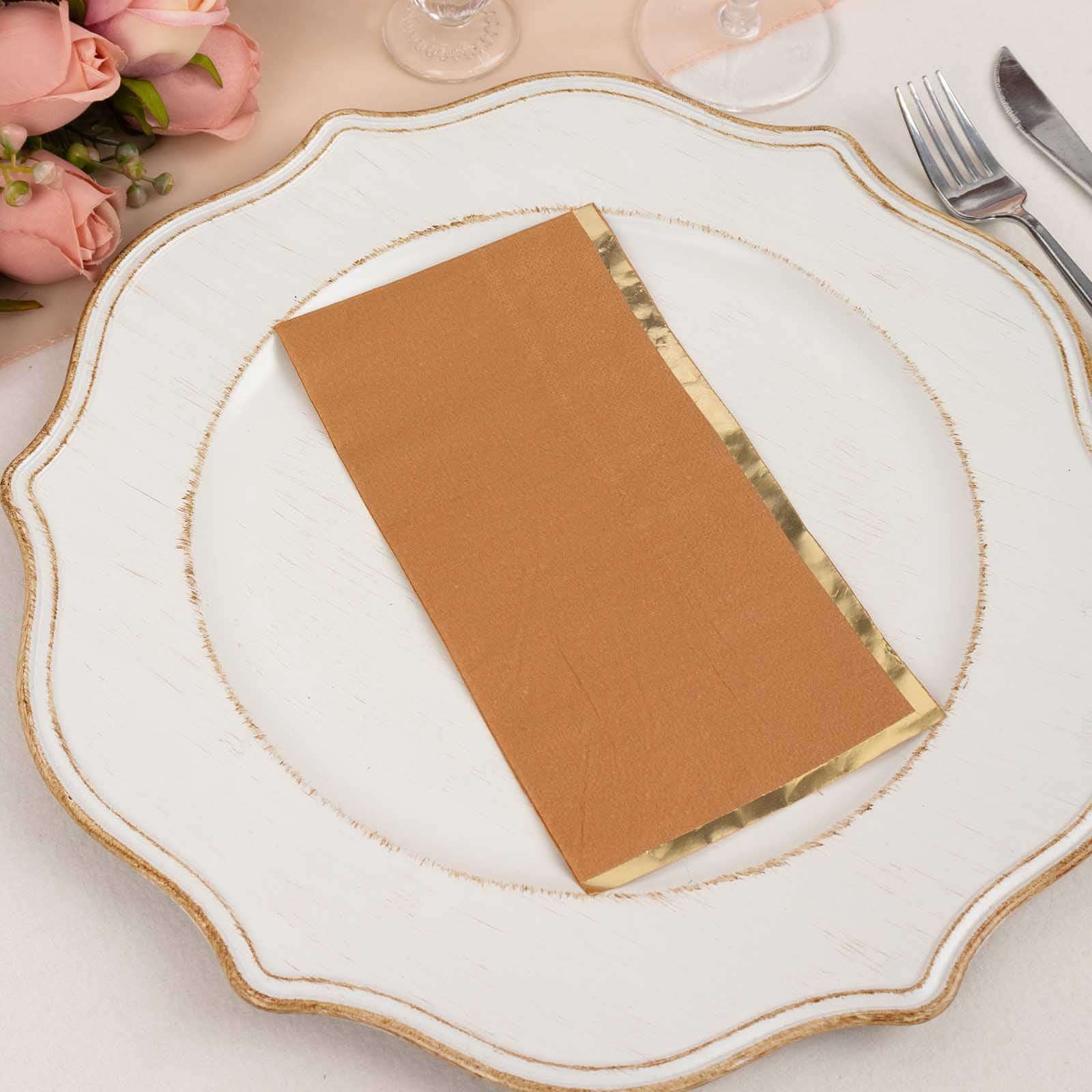Hot Sale! 50-Pack Disposable 2-Ply Paper Dinner Napkins in Terracotta with Gold Foil Edge
